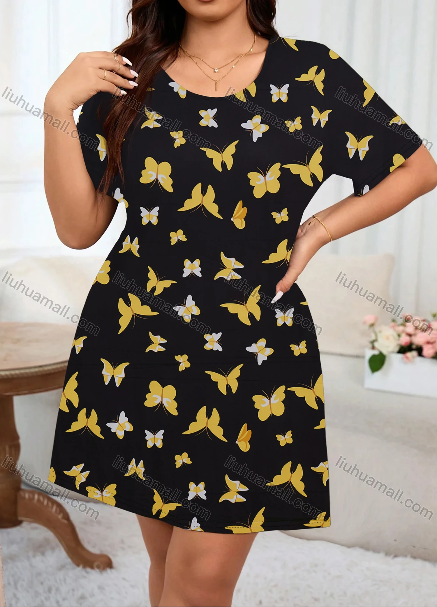 Wholesale Women's Milk Silk Butterfly Print Short Sleeve Crew Neck Lounge Short Nightgown DM1308-03# - Liuhuamall