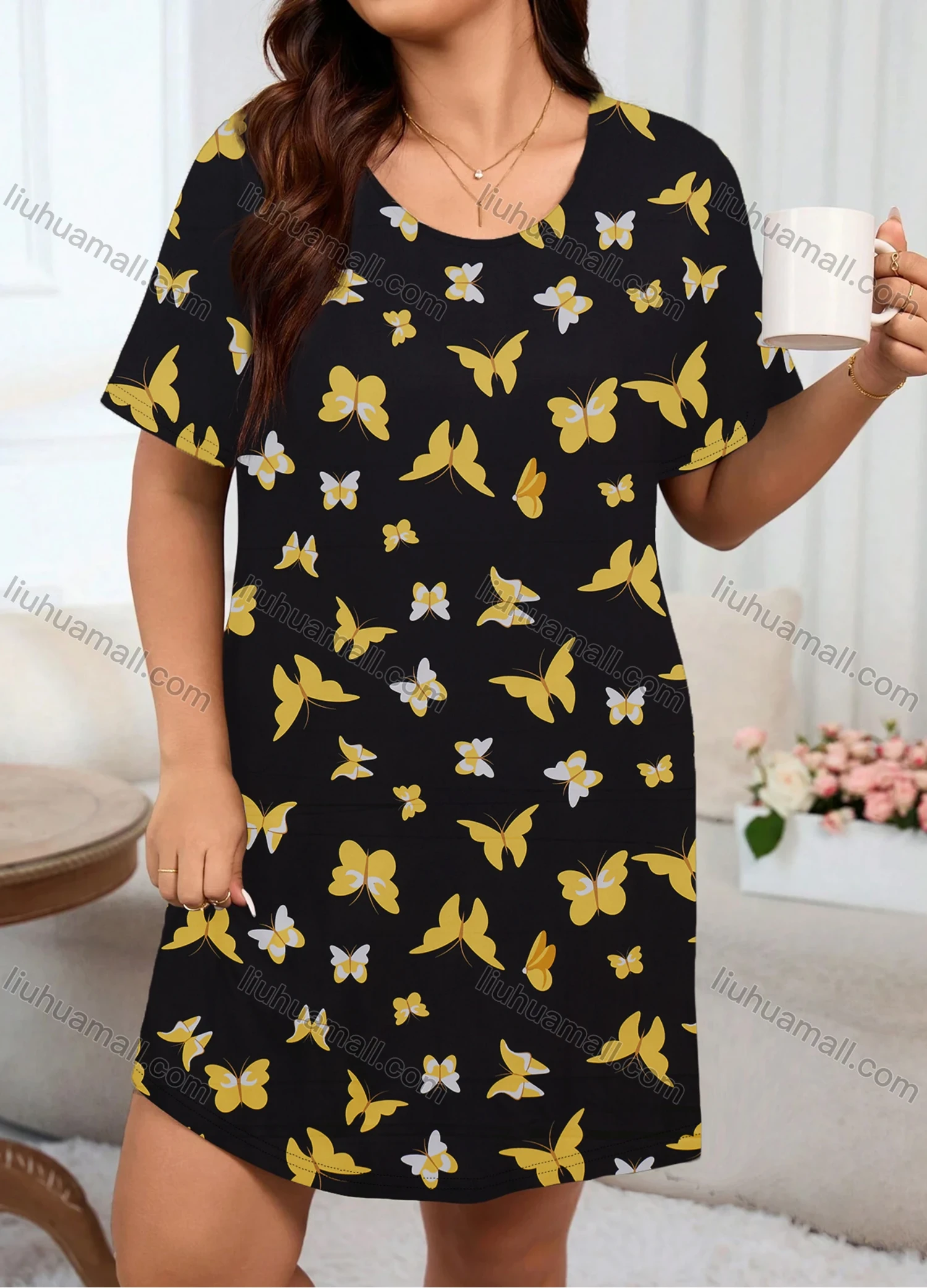 Wholesale Women's Milk Silk Butterfly Print Short Sleeve Crew Neck Lounge Short Nightgown DM1308-03# - Liuhuamall