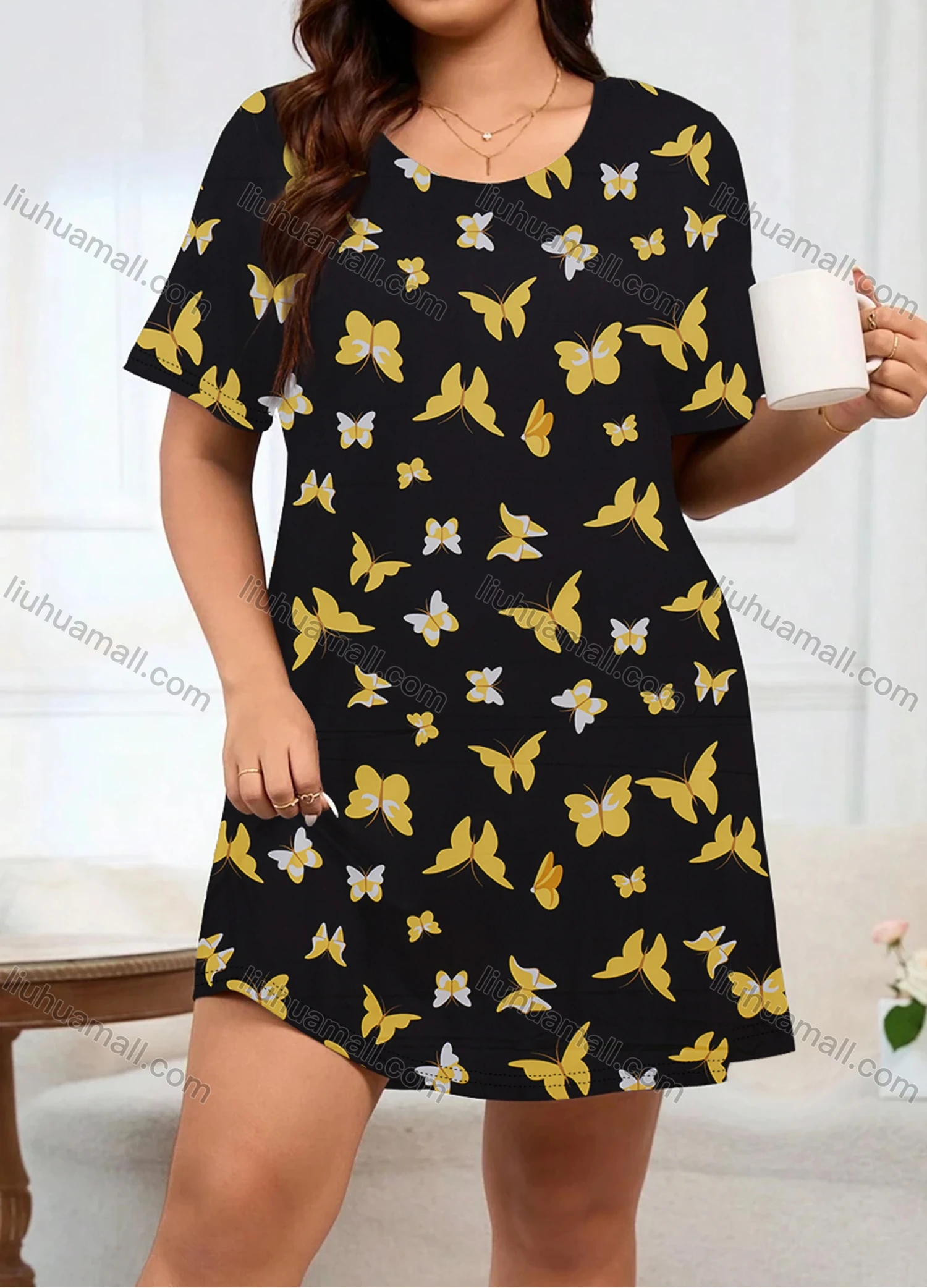 Wholesale Women's Milk Silk Butterfly Print Short Sleeve Crew Neck Lounge Short Nightgown DM1308-03# - Liuhuamall