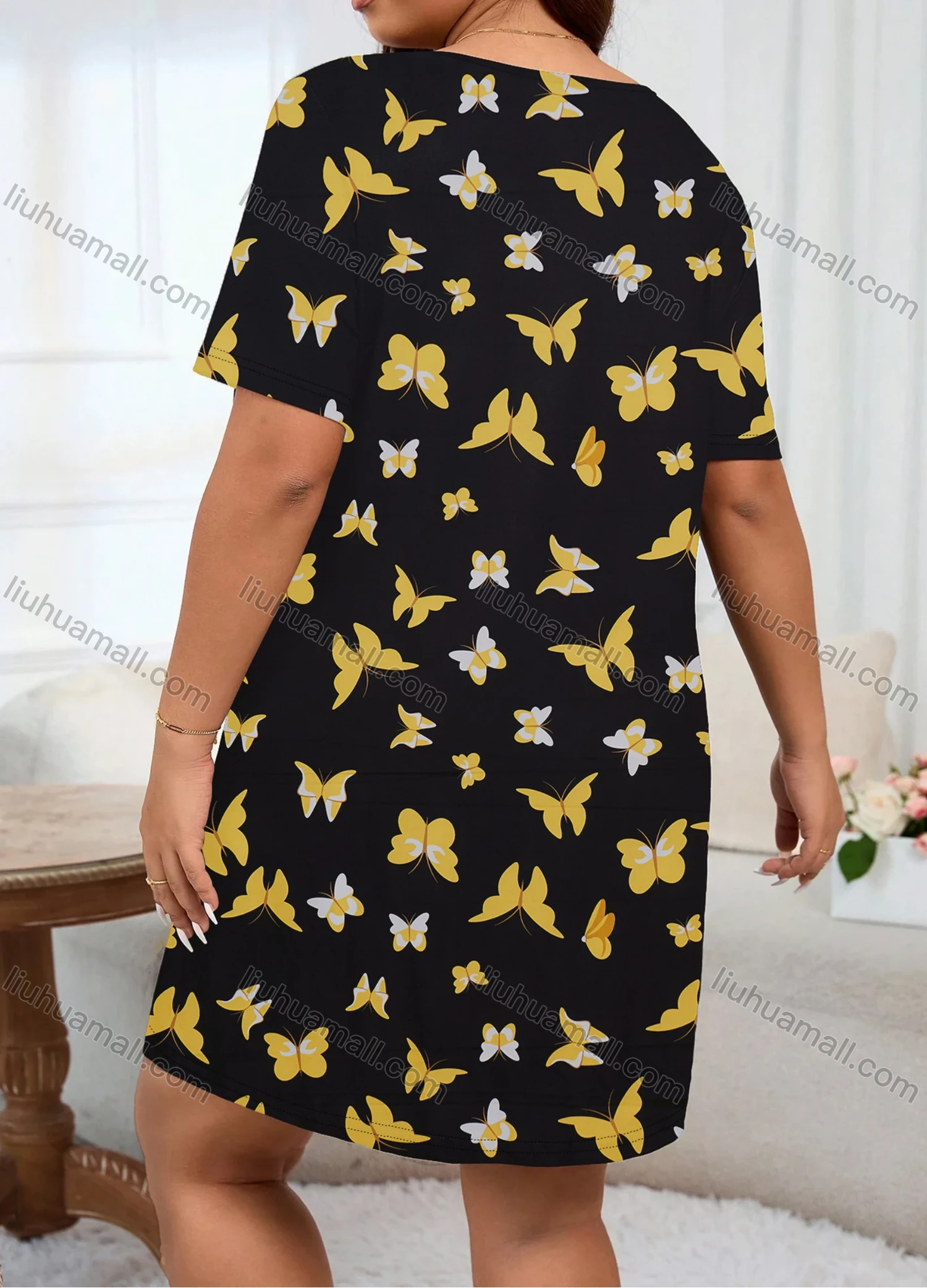 Wholesale Women's Milk Silk Butterfly Print Short Sleeve Crew Neck Lounge Short Nightgown DM1308-03# - Liuhuamall