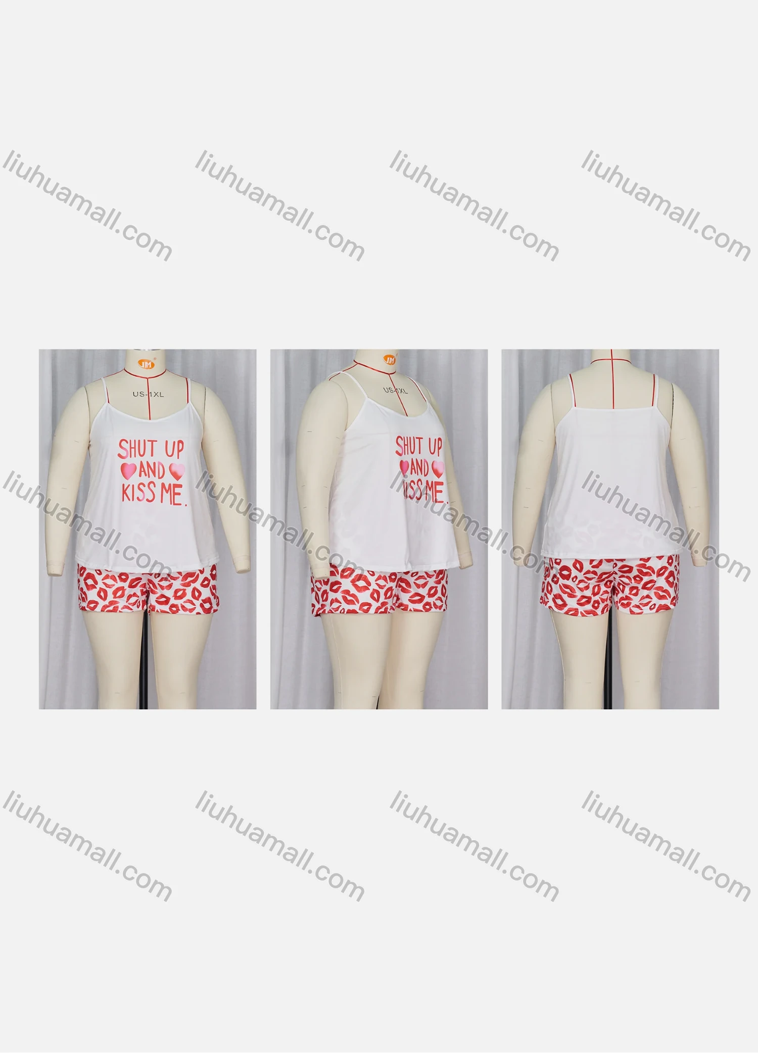 Wholesale Women's Lounge Milk Silk Sleeveless Letter Print Cami Tops & Lip Print Shorts Pajamas Sets DM2101-03# - Liuhuamall