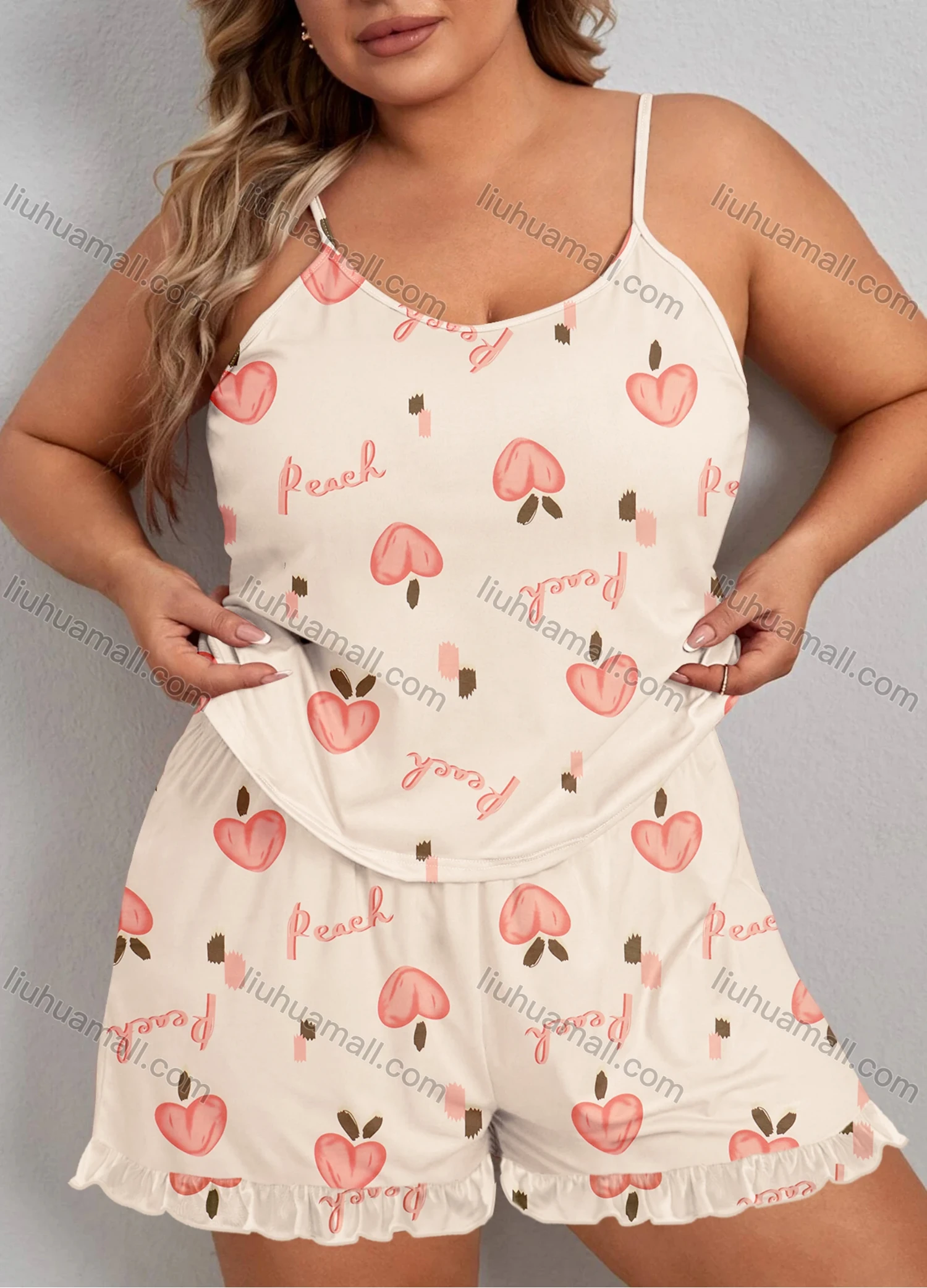 Wholesale Women's Lounge Milk Silk Sleeveless Letter Peach Print Cami Tops & Ruffle Trim Shorts Pajamas Sets DM2106-02# - Liuhuamall