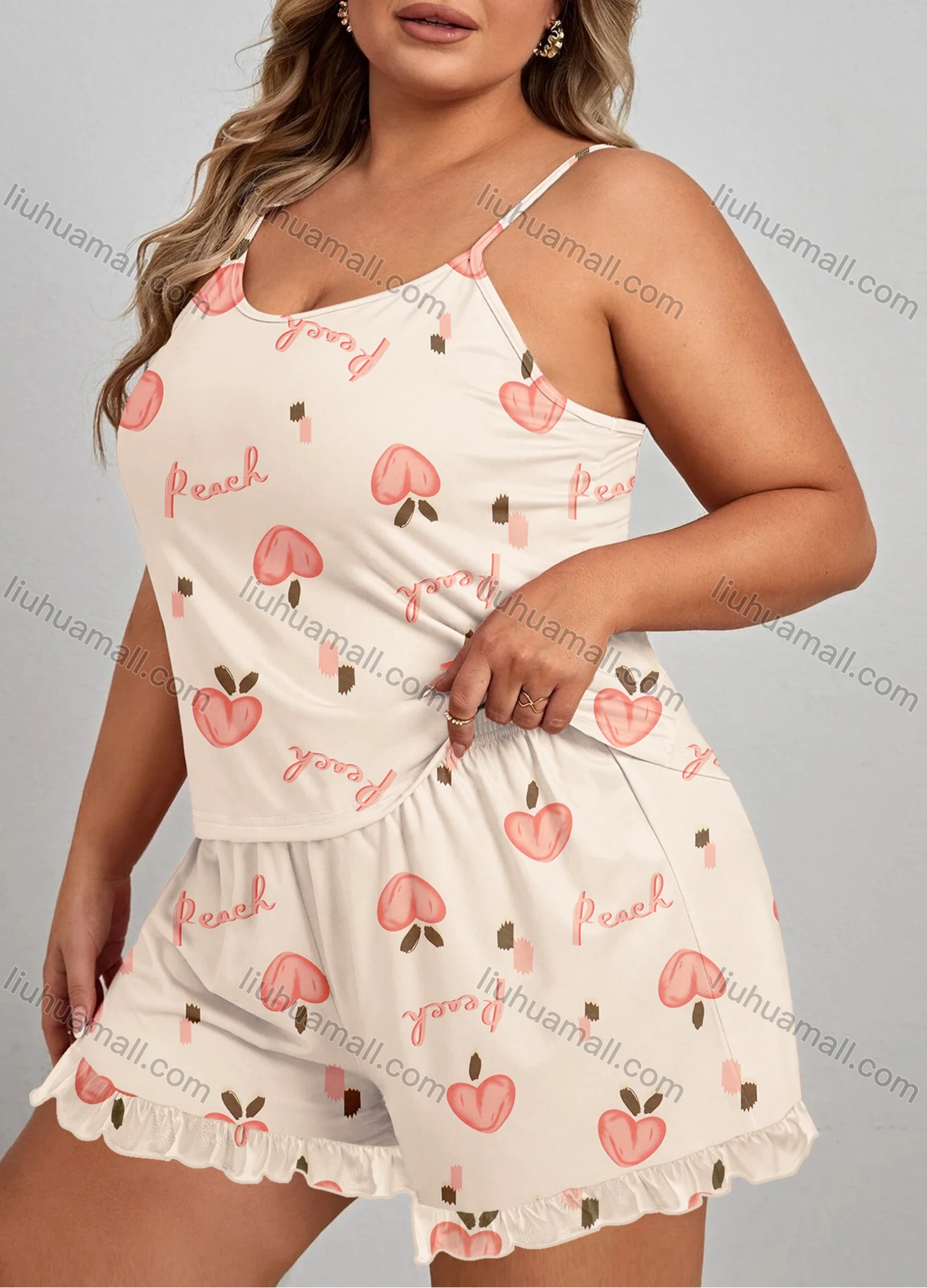Wholesale Women's Lounge Milk Silk Sleeveless Letter Peach Print Cami Tops & Ruffle Trim Shorts Pajamas Sets DM2106-02# - Liuhuamall