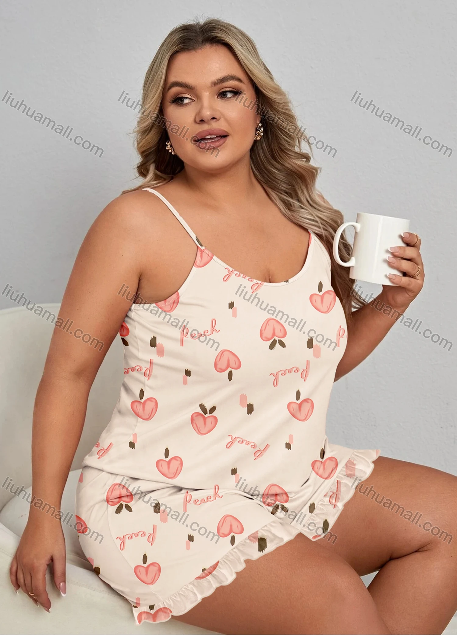 Wholesale Women's Lounge Milk Silk Sleeveless Letter Peach Print Cami Tops & Ruffle Trim Shorts Pajamas Sets DM2106-02# - Liuhuamall
