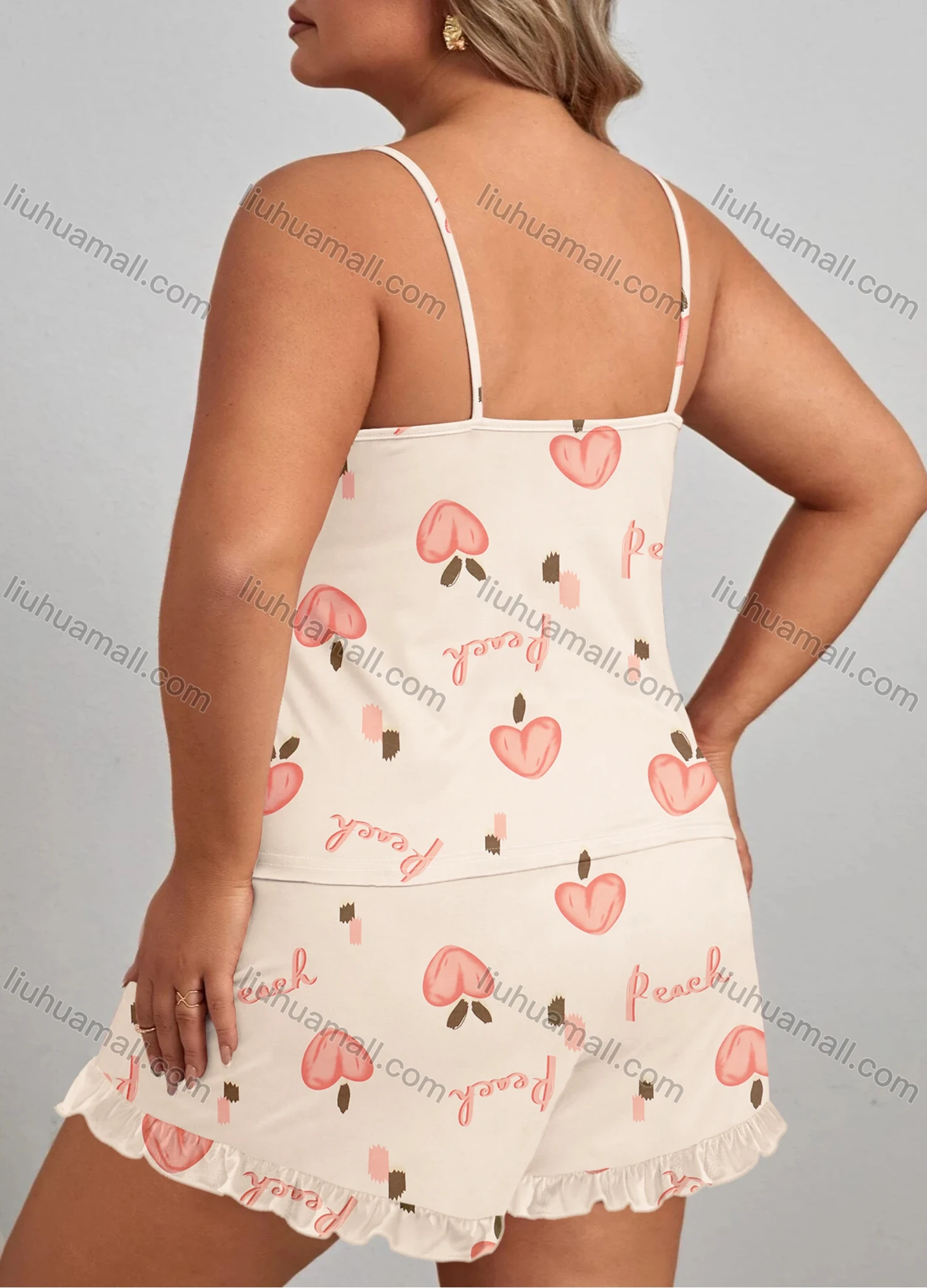 Wholesale Women's Lounge Milk Silk Sleeveless Letter Peach Print Cami Tops & Ruffle Trim Shorts Pajamas Sets DM2106-02# - Liuhuamall
