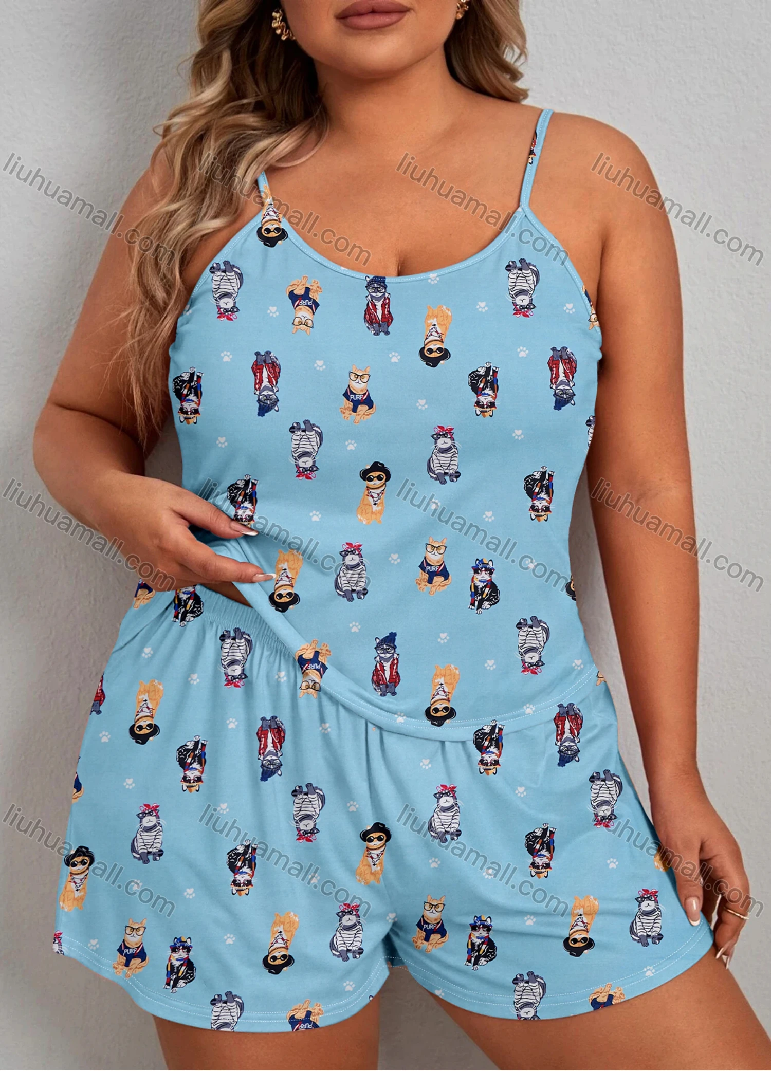 Wholesale Women's Lounge Milk Silk Sleeveless Cartoon Print Cami Tops & Shorts Pajamas Sets DM2105-02# - Liuhuamall