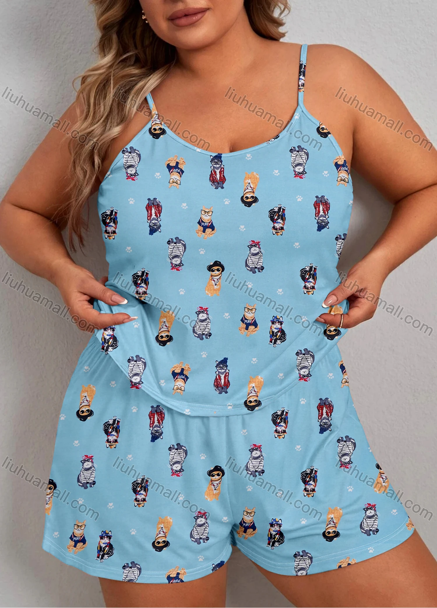 Wholesale Women's Lounge Milk Silk Sleeveless Cartoon Print Cami Tops & Shorts Pajamas Sets DM2105-02# - Liuhuamall