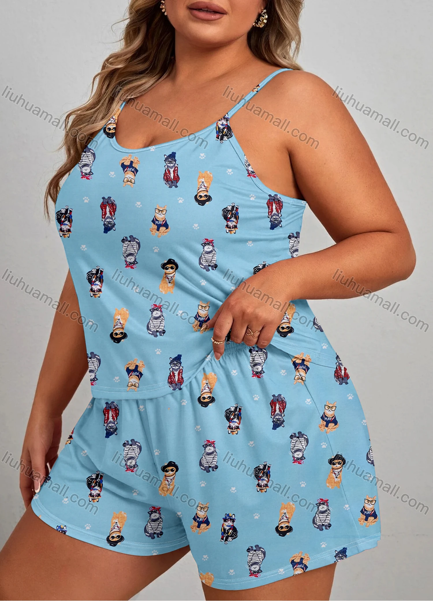 Wholesale Women's Lounge Milk Silk Sleeveless Cartoon Print Cami Tops & Shorts Pajamas Sets DM2105-02# - Liuhuamall