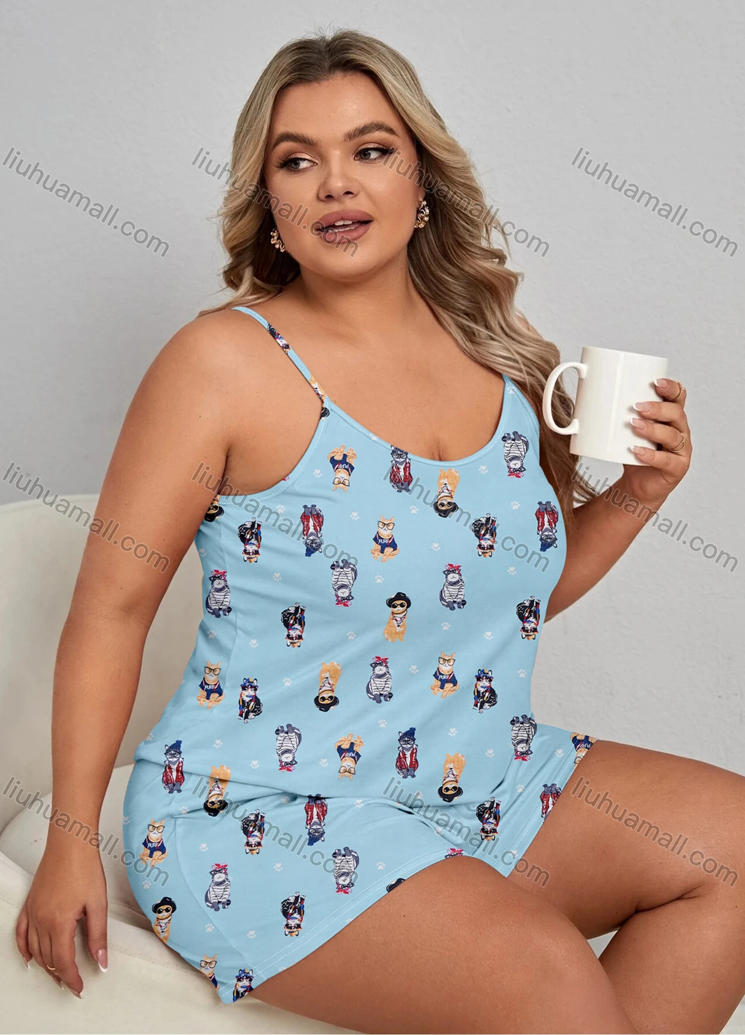 Wholesale Women's Lounge Milk Silk Sleeveless Cartoon Print Cami Tops & Shorts Pajamas Sets DM2105-02# - Liuhuamall