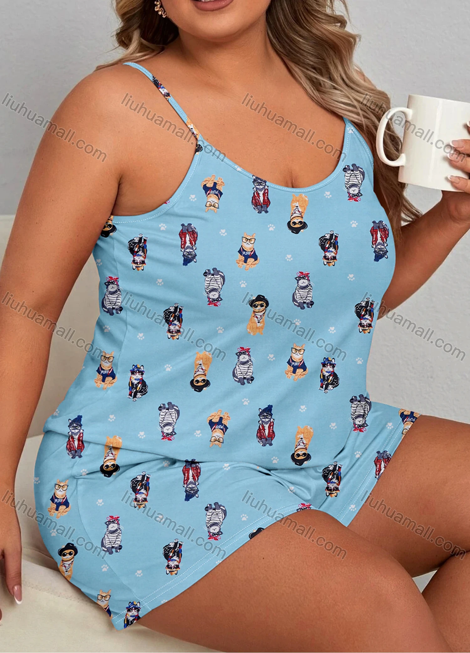 Wholesale Women's Lounge Milk Silk Sleeveless Cartoon Print Cami Tops & Shorts Pajamas Sets DM2105-02# - Liuhuamall