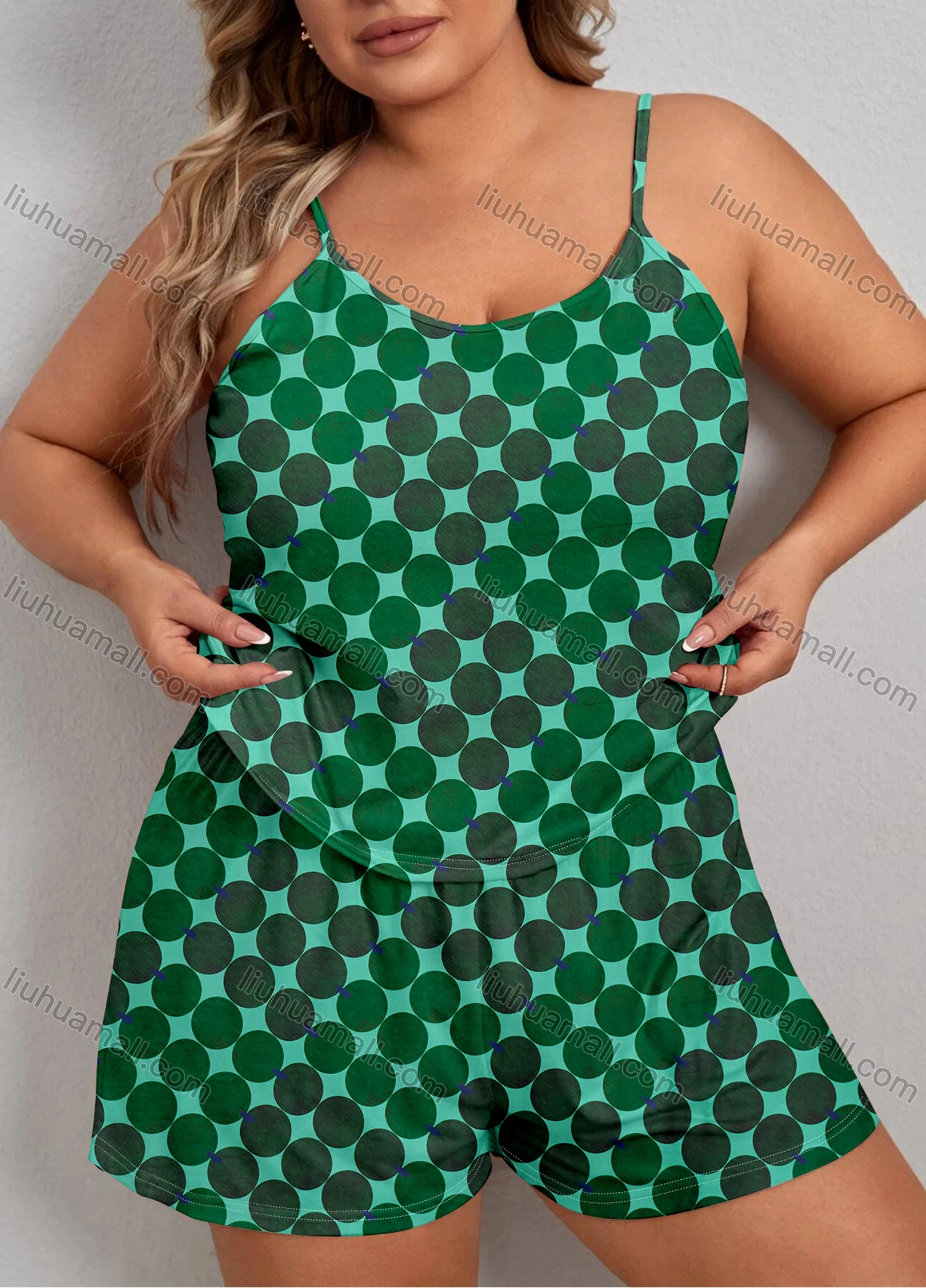 Wholesale Women's Lounge Milk Silk Sleeveless Polka Dot Print Cami Tops & Shorts Pajamas Sets DM2105-03# - Liuhuamall