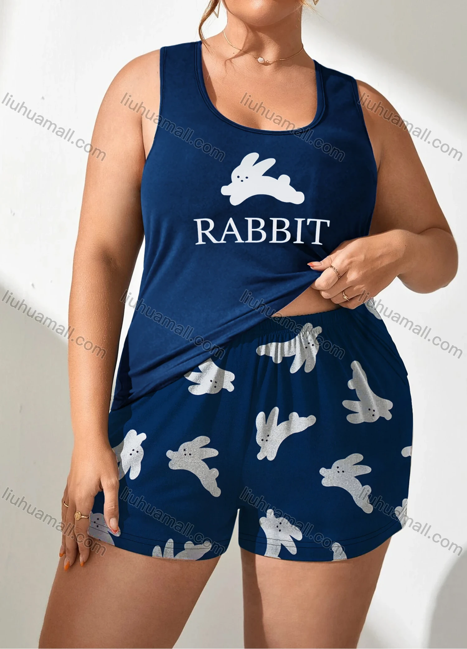 Wholesale Women's Lounge Milk Silk Sleeveless Rabbit Letter Print Tank Tops & Shorts Pajamas Sets DM2201-01# - Liuhuamall