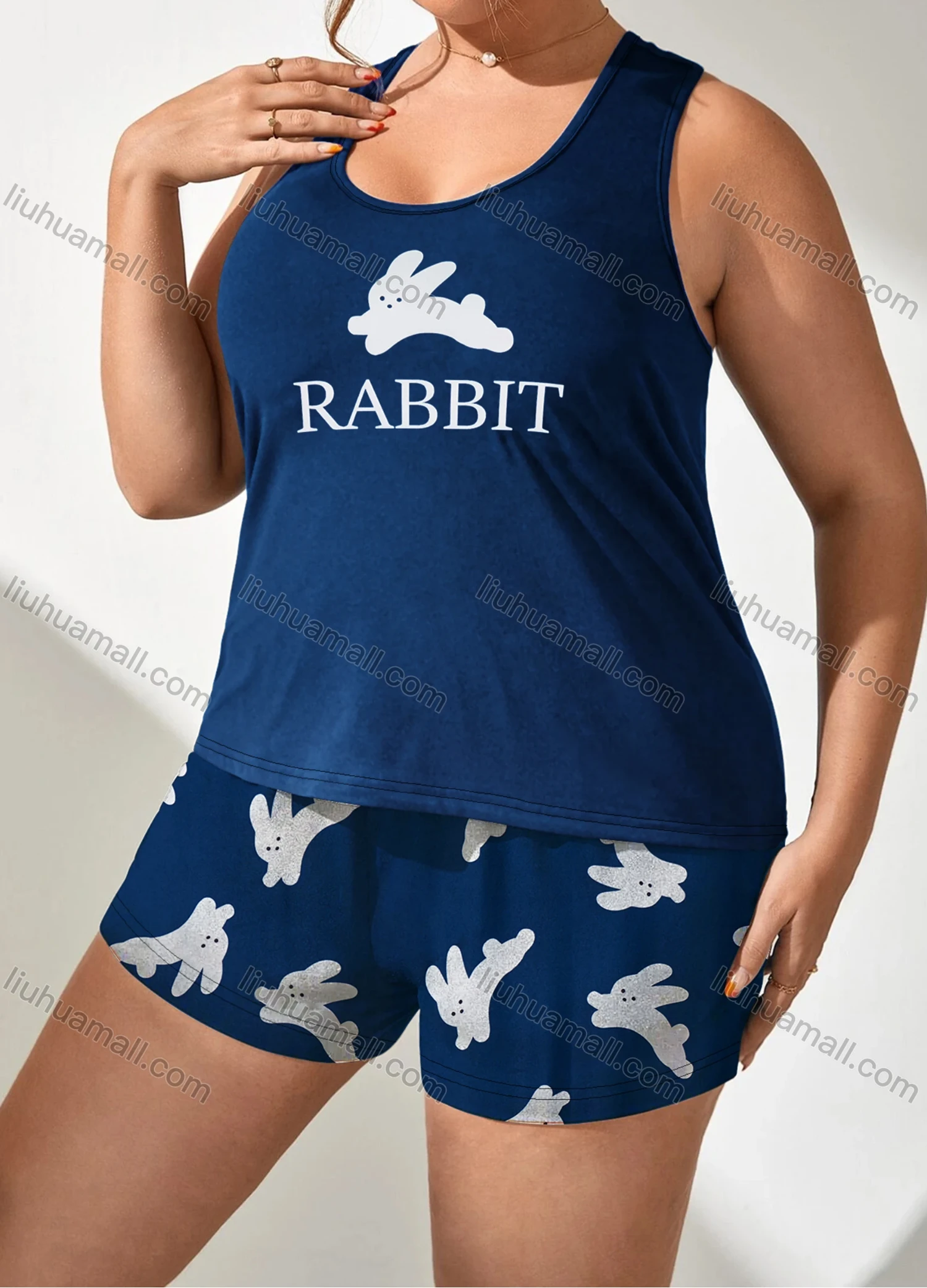 Wholesale Women's Lounge Milk Silk Sleeveless Rabbit Letter Print Tank Tops & Shorts Pajamas Sets DM2201-01# - Liuhuamall