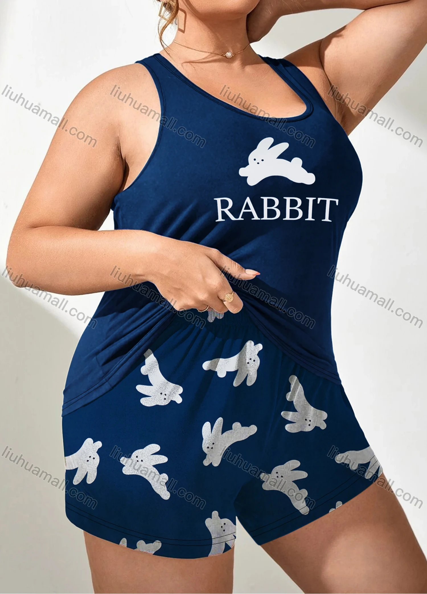 Wholesale Women's Lounge Milk Silk Sleeveless Rabbit Letter Print Tank Tops & Shorts Pajamas Sets DM2201-01# - Liuhuamall