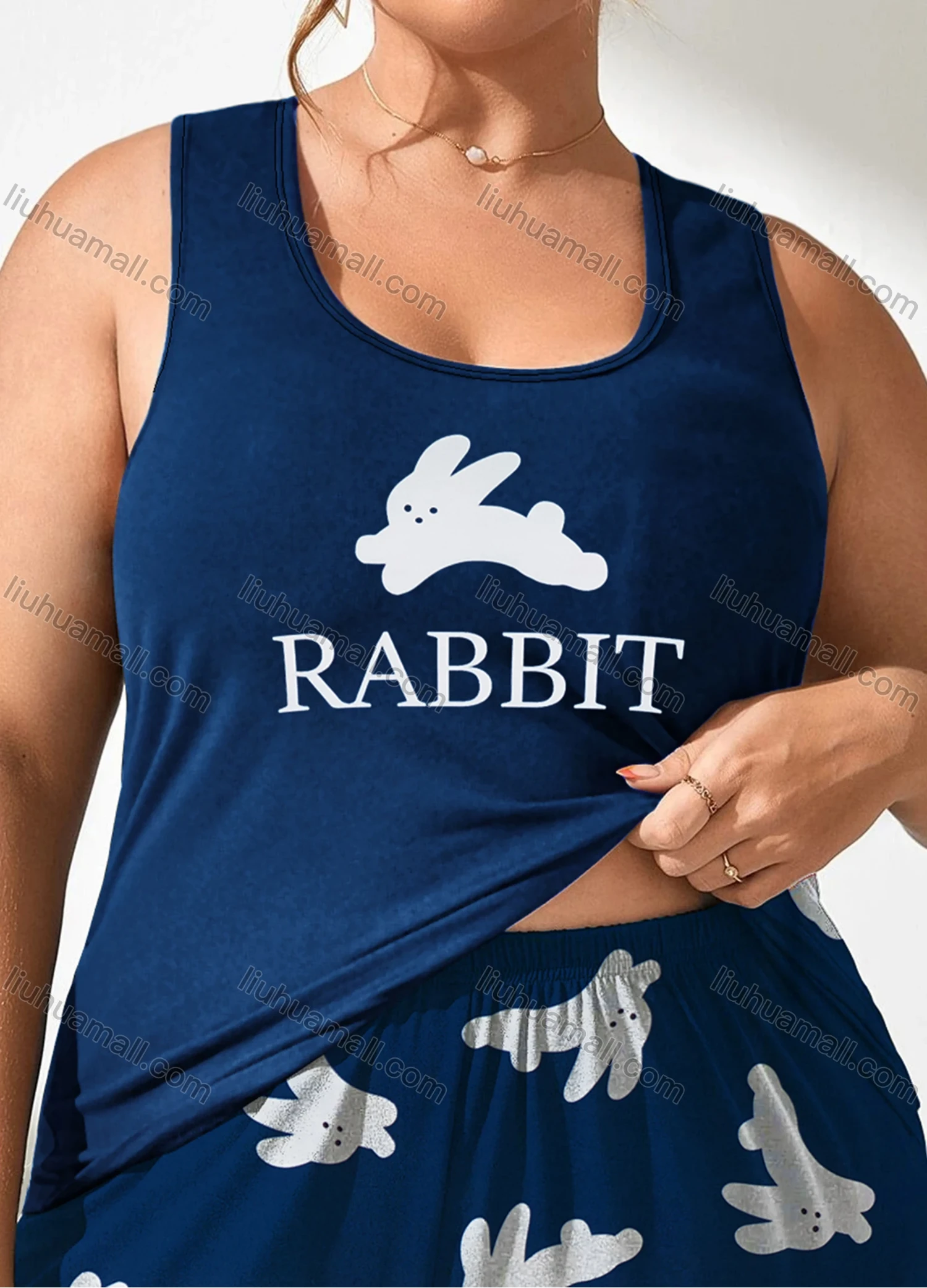 Wholesale Women's Lounge Milk Silk Sleeveless Rabbit Letter Print Tank Tops & Shorts Pajamas Sets DM2201-01# - Liuhuamall
