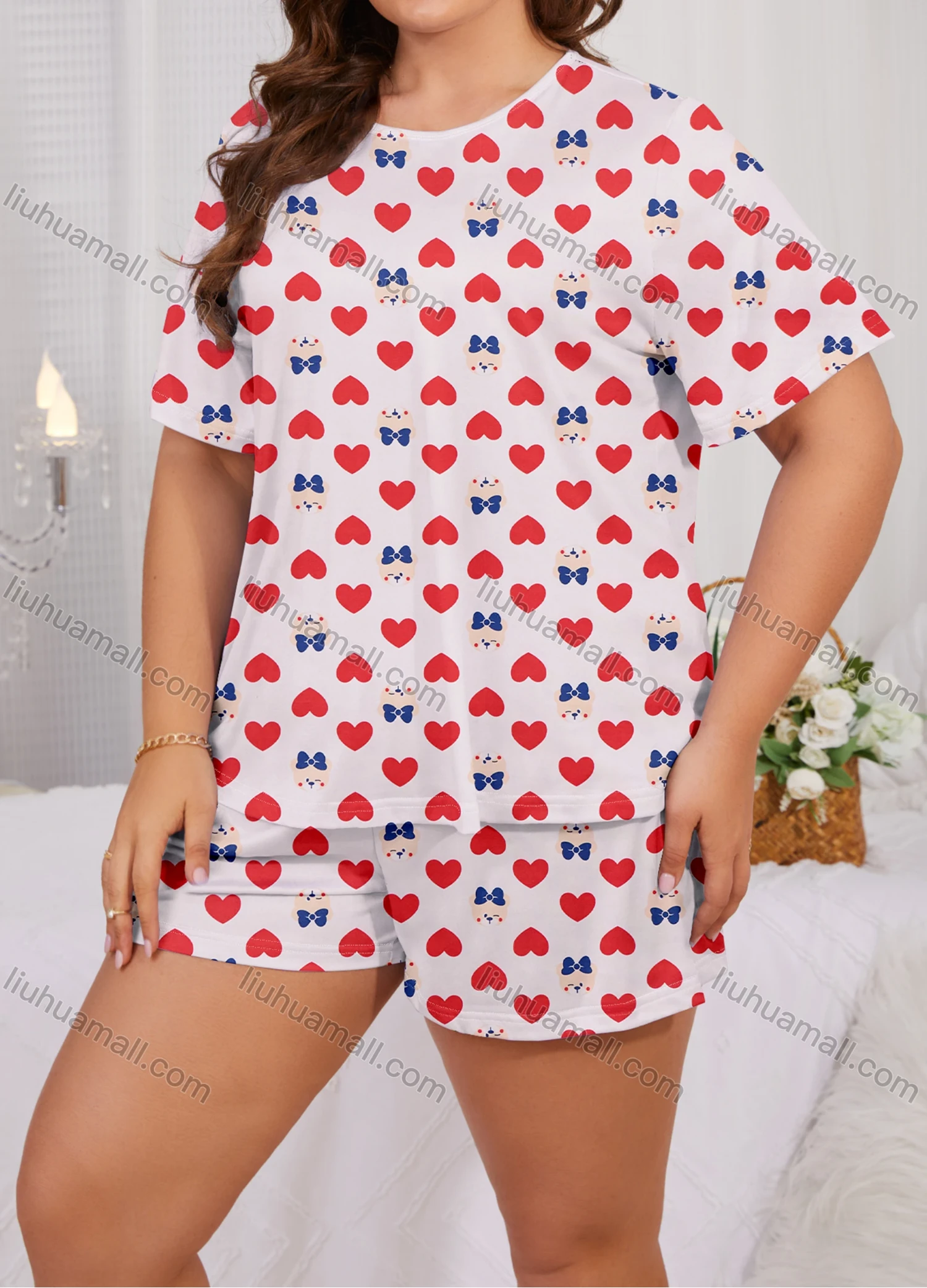 Wholesale Women's Lounge Milk Silk Allover Heart Print Short Sleeve T-shirt & Shorts Soft Pajamas Sets DM02303-10# - Liuhuamall