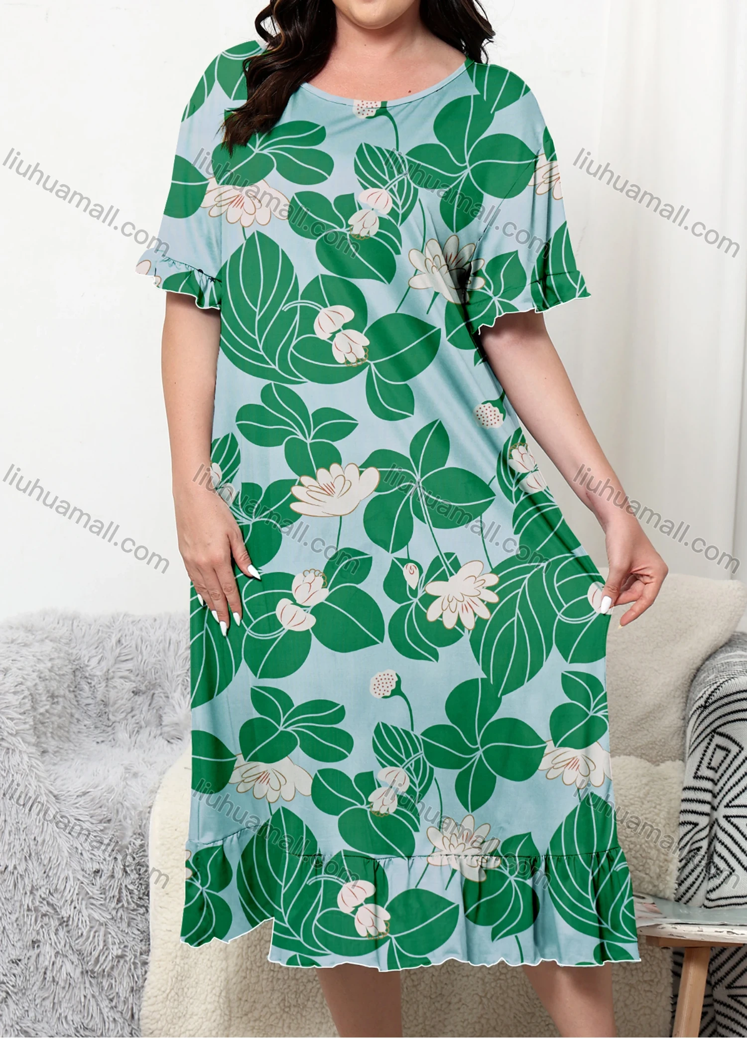 Wholesale Women's Milk Silk Floral Print Short Sleeve Ruffle Trim Crew Neck Midi Lounge Nightgown DM1301-06# - Liuhuamall