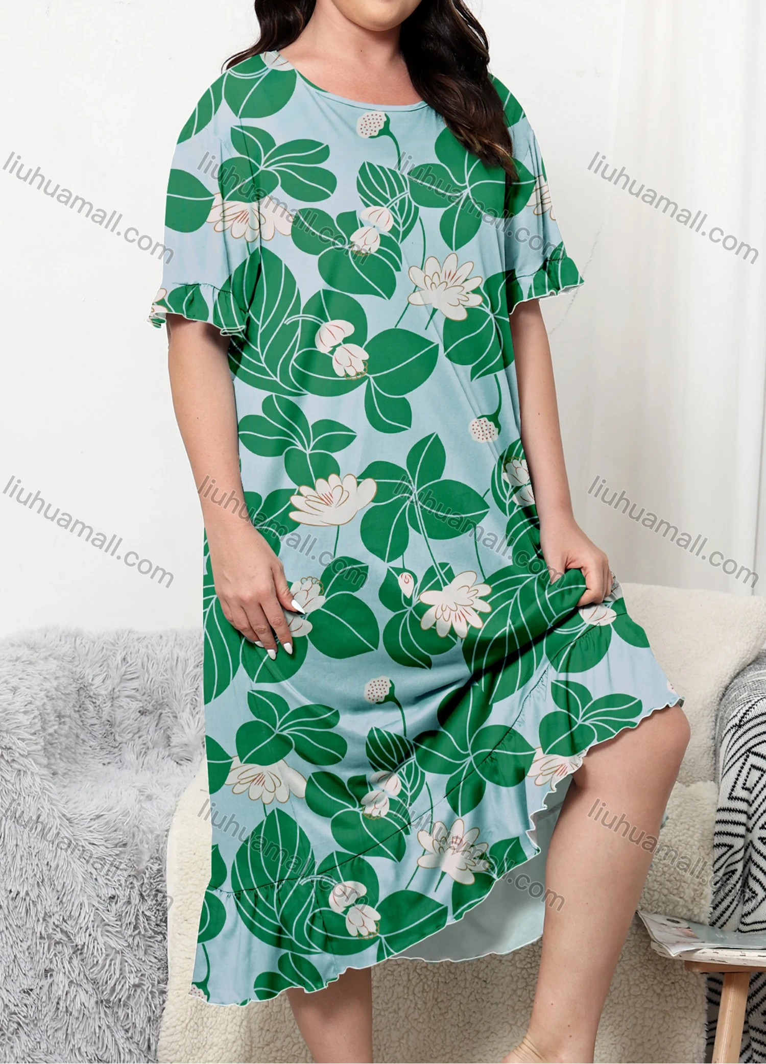 Wholesale Women's Milk Silk Floral Print Short Sleeve Ruffle Trim Crew Neck Midi Lounge Nightgown DM1301-06# - Liuhuamall