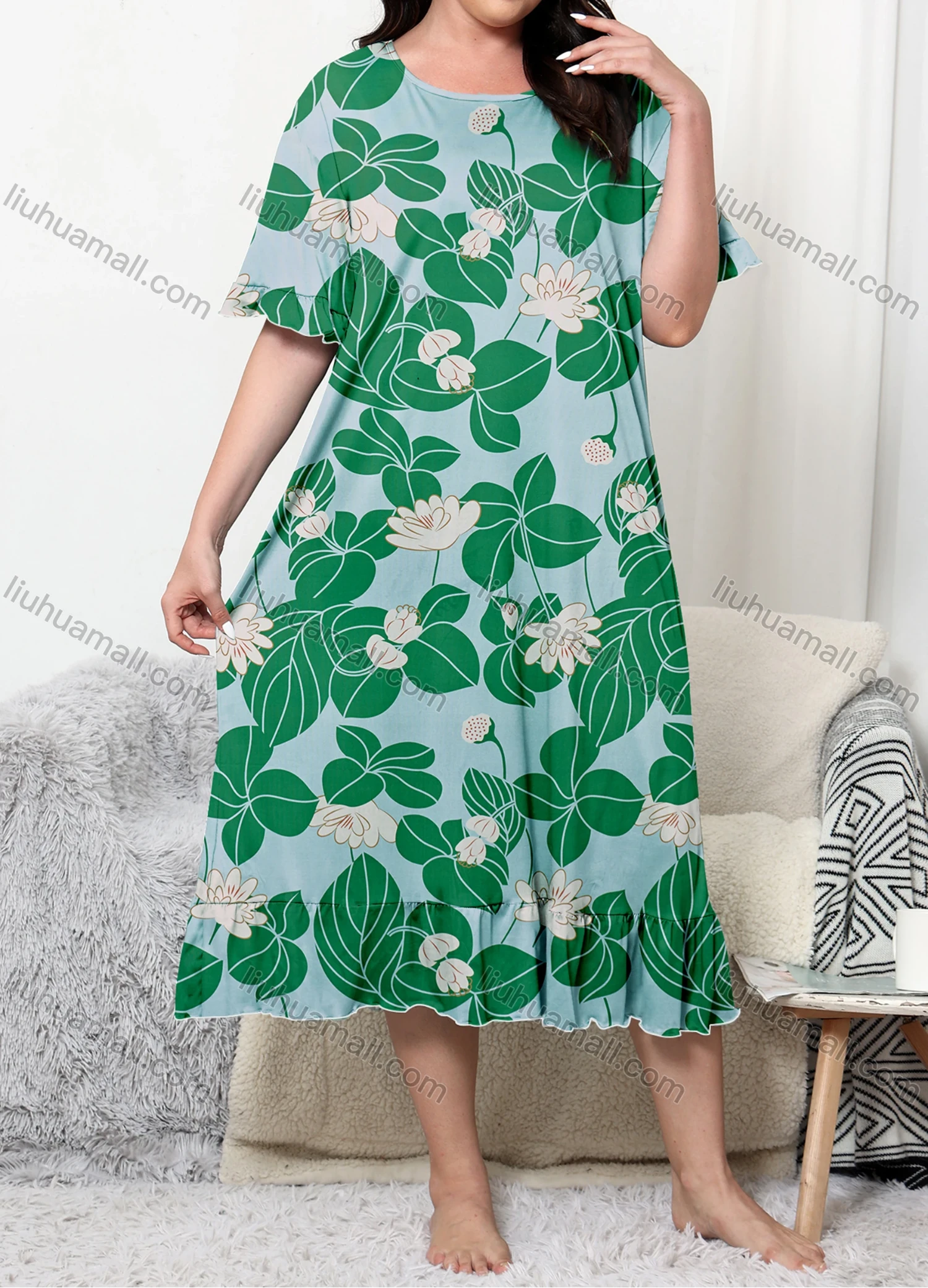 Wholesale Women's Milk Silk Floral Print Short Sleeve Ruffle Trim Crew Neck Midi Lounge Nightgown DM1301-06# - Liuhuamall