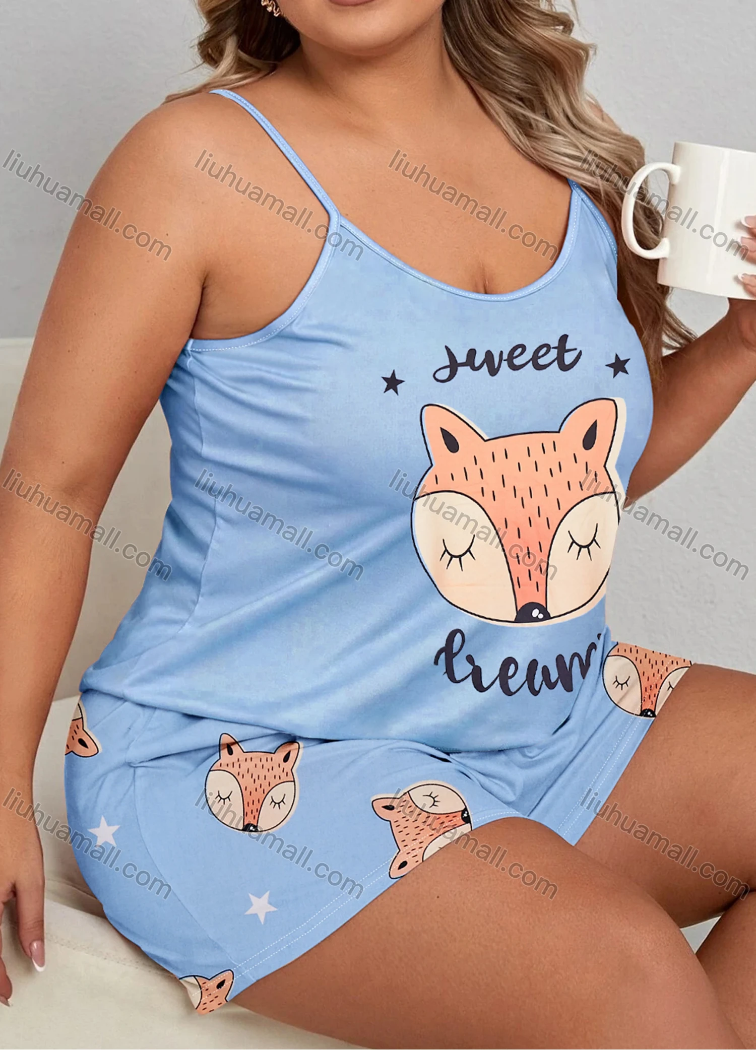Wholesale Women's Lounge Milk Silk Sleeveless Animal Letter Print Cami Tops & Shorts Pajamas Sets DM2101-04# - Liuhuamall
