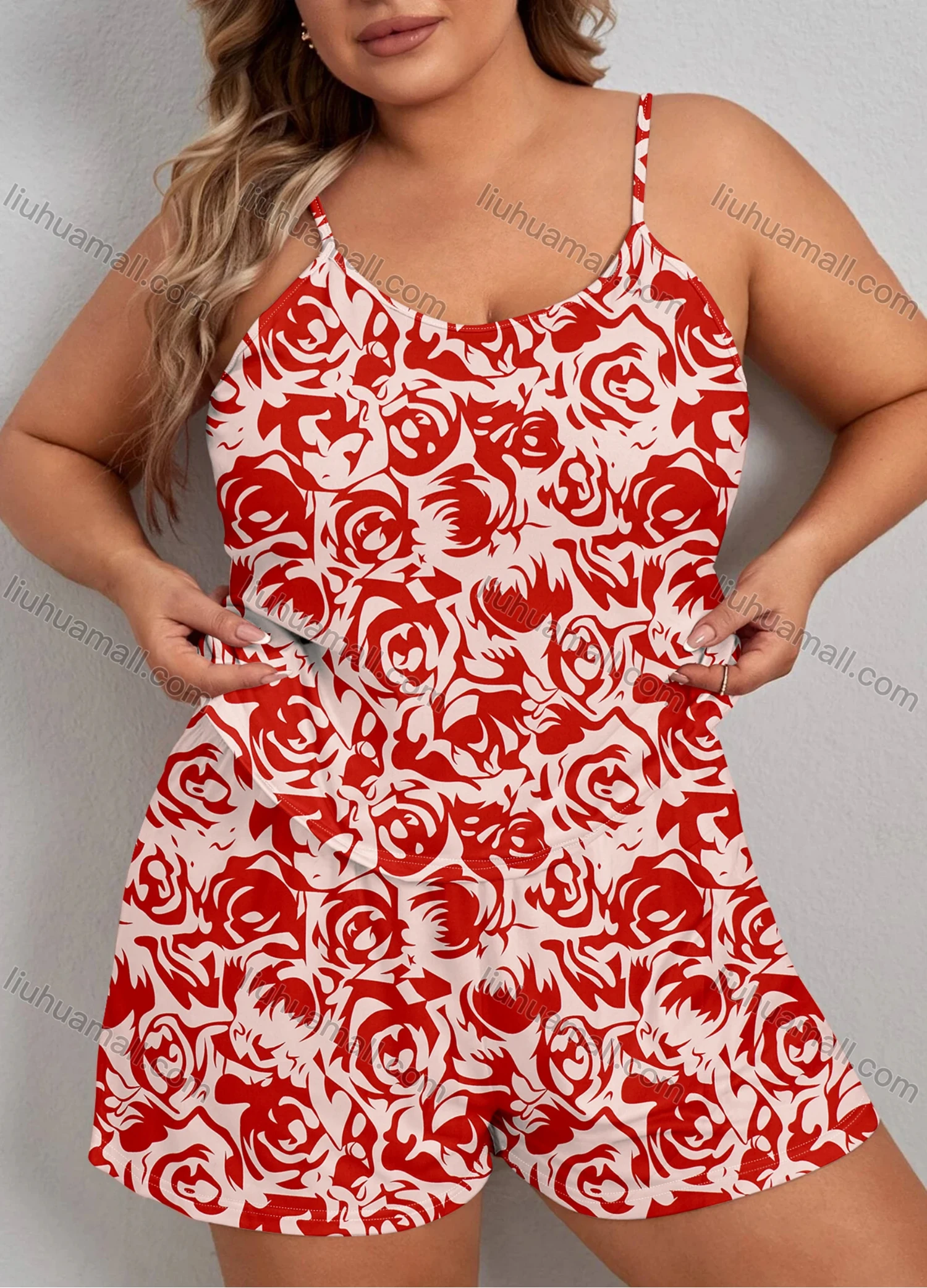 Wholesale Women's Lounge Milk Silk Sleeveless Allover Print Cami Tops & Shorts Pajamas Sets DM2105-05# - Liuhuamall