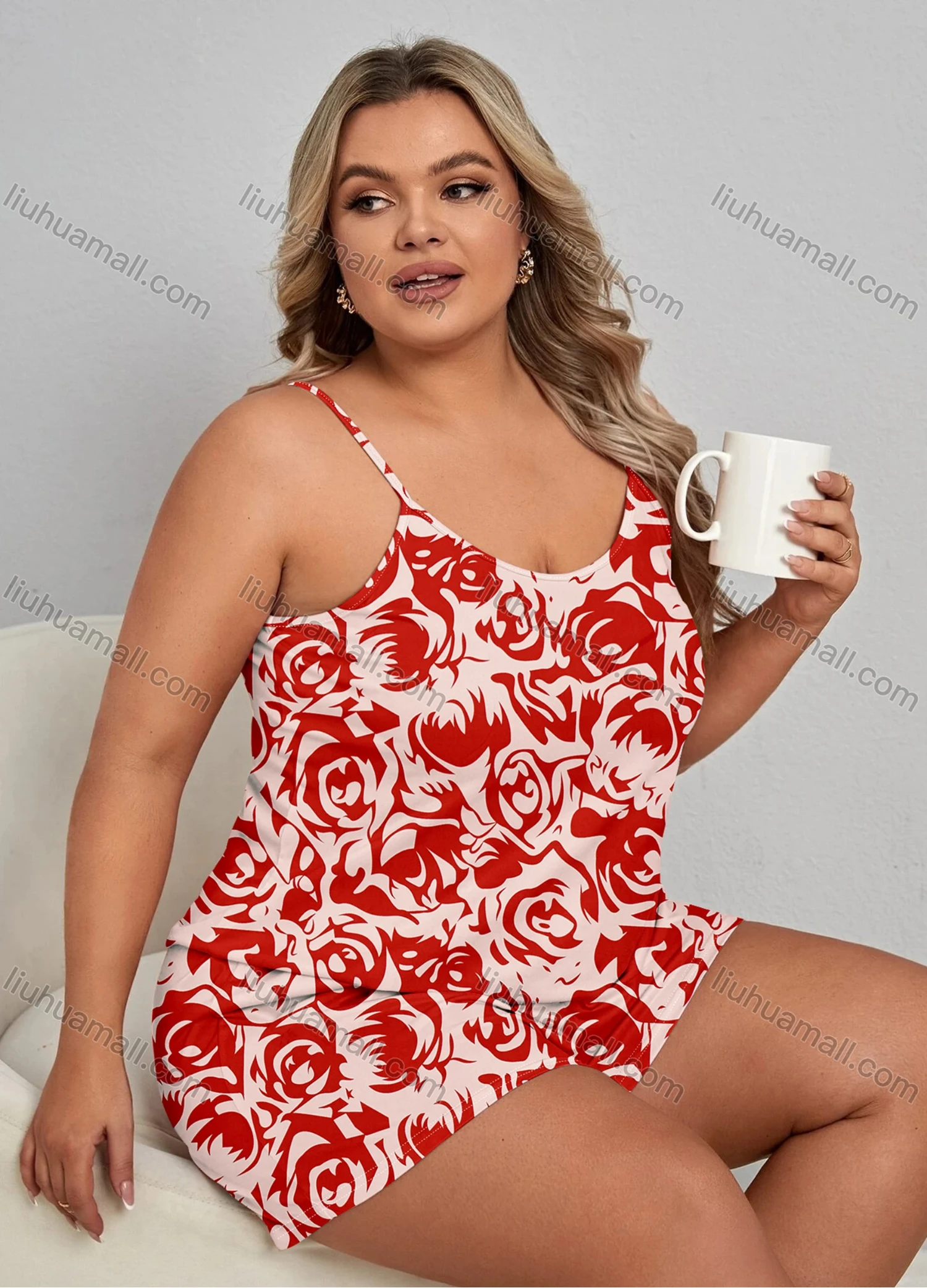 Wholesale Women's Lounge Milk Silk Sleeveless Allover Print Cami Tops & Shorts Pajamas Sets DM2105-05# - Liuhuamall