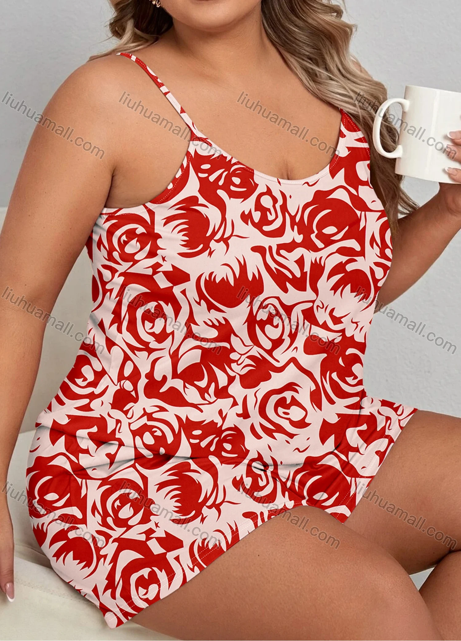 Wholesale Women's Lounge Milk Silk Sleeveless Allover Print Cami Tops & Shorts Pajamas Sets DM2105-05# - Liuhuamall