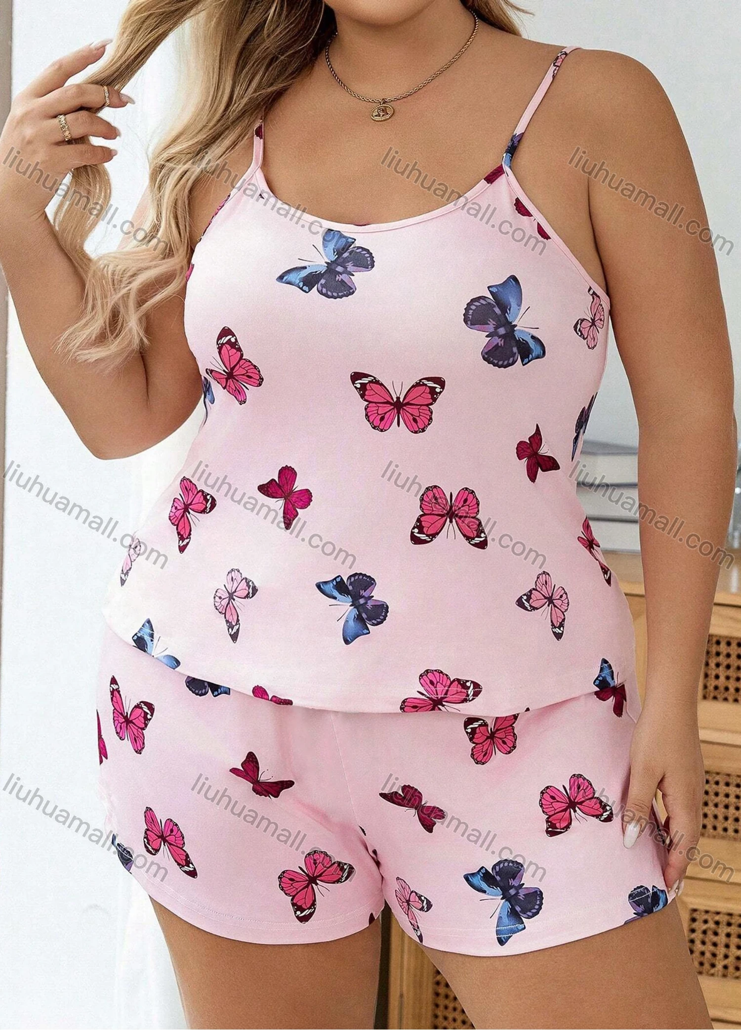 Wholesale Women's Lounge Milk Silk Sleeveless Butterfly Print Cami Tops & Shorts Pajamas Sets DM2112-01# - Liuhuamall