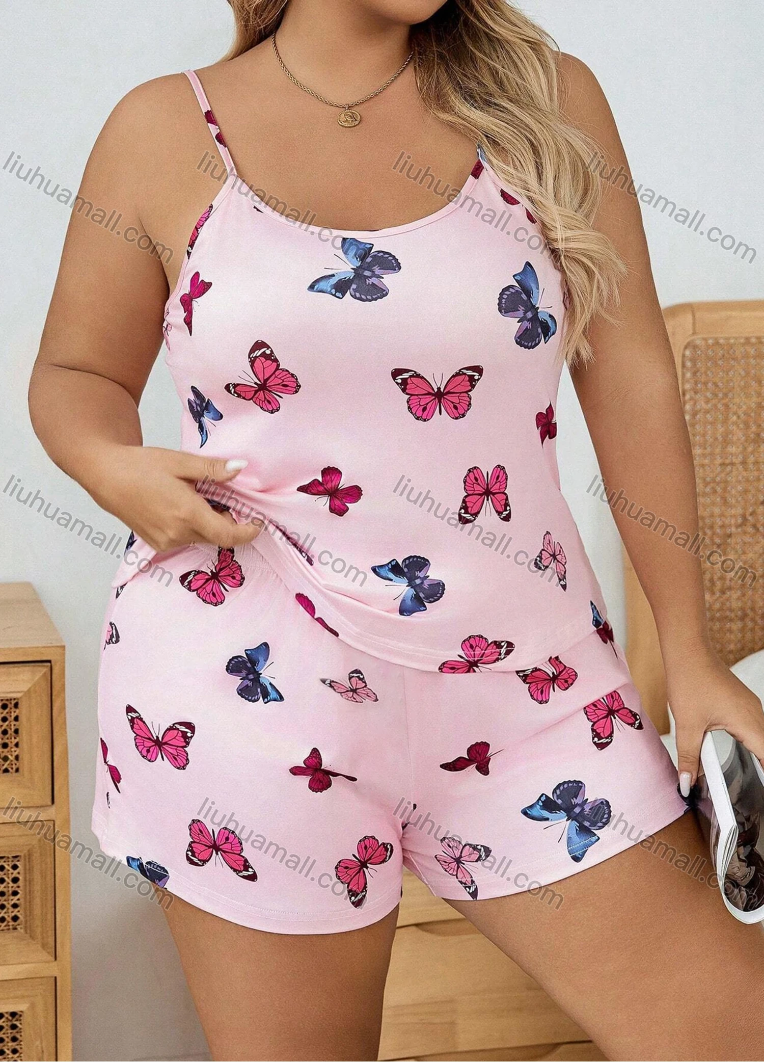 Wholesale Women's Lounge Milk Silk Sleeveless Butterfly Print Cami Tops & Shorts Pajamas Sets DM2112-01# - Liuhuamall