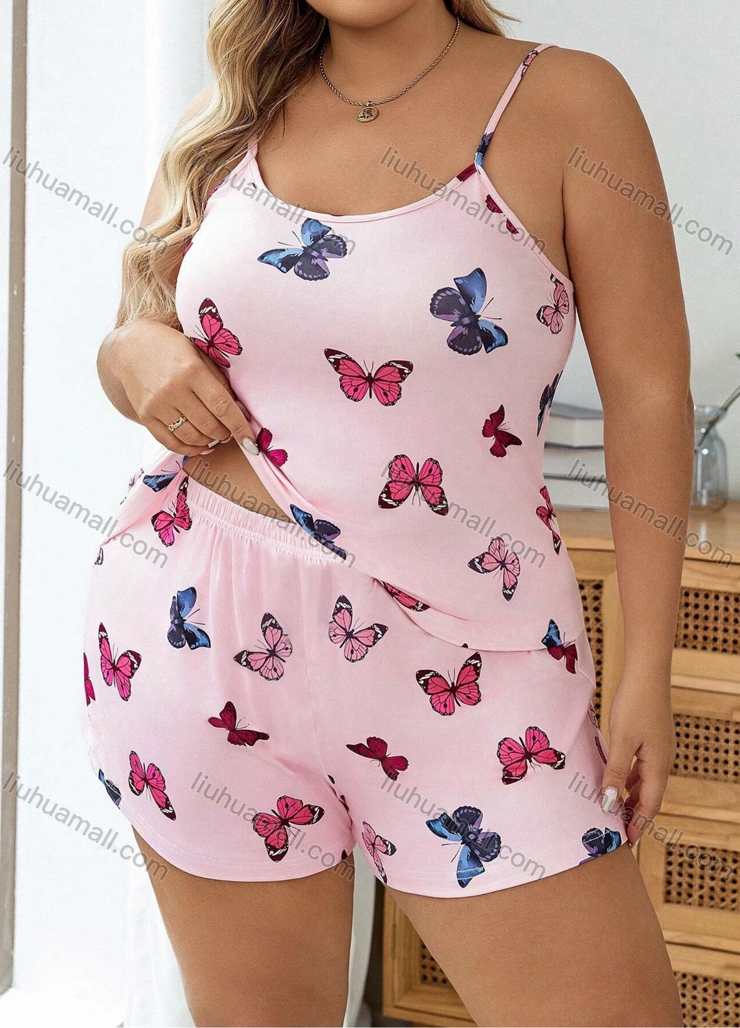 Wholesale Women's Lounge Milk Silk Sleeveless Butterfly Print Cami Tops & Shorts Pajamas Sets DM2112-01# - Liuhuamall