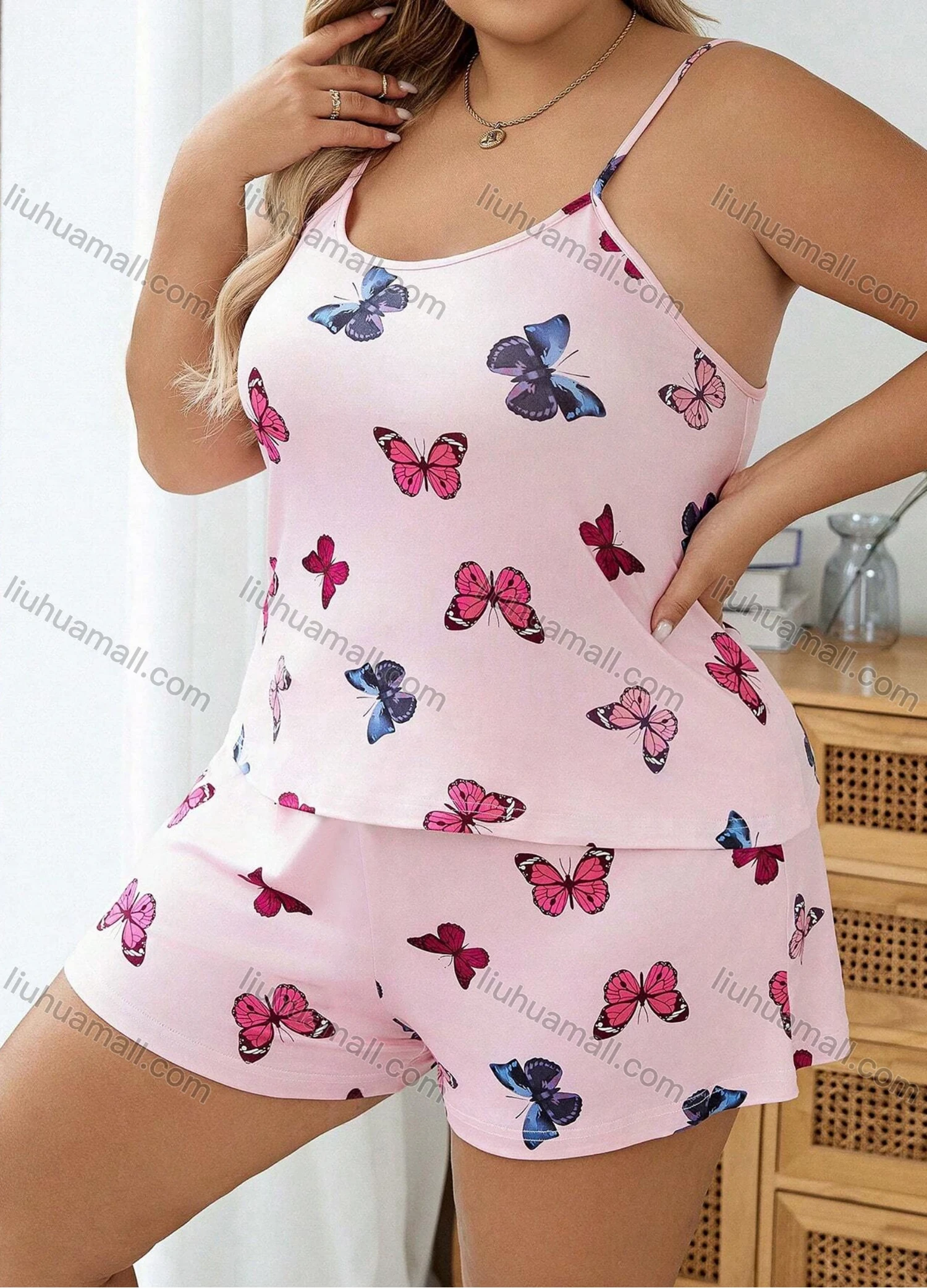 Wholesale Women's Lounge Milk Silk Sleeveless Butterfly Print Cami Tops & Shorts Pajamas Sets DM2112-01# - Liuhuamall