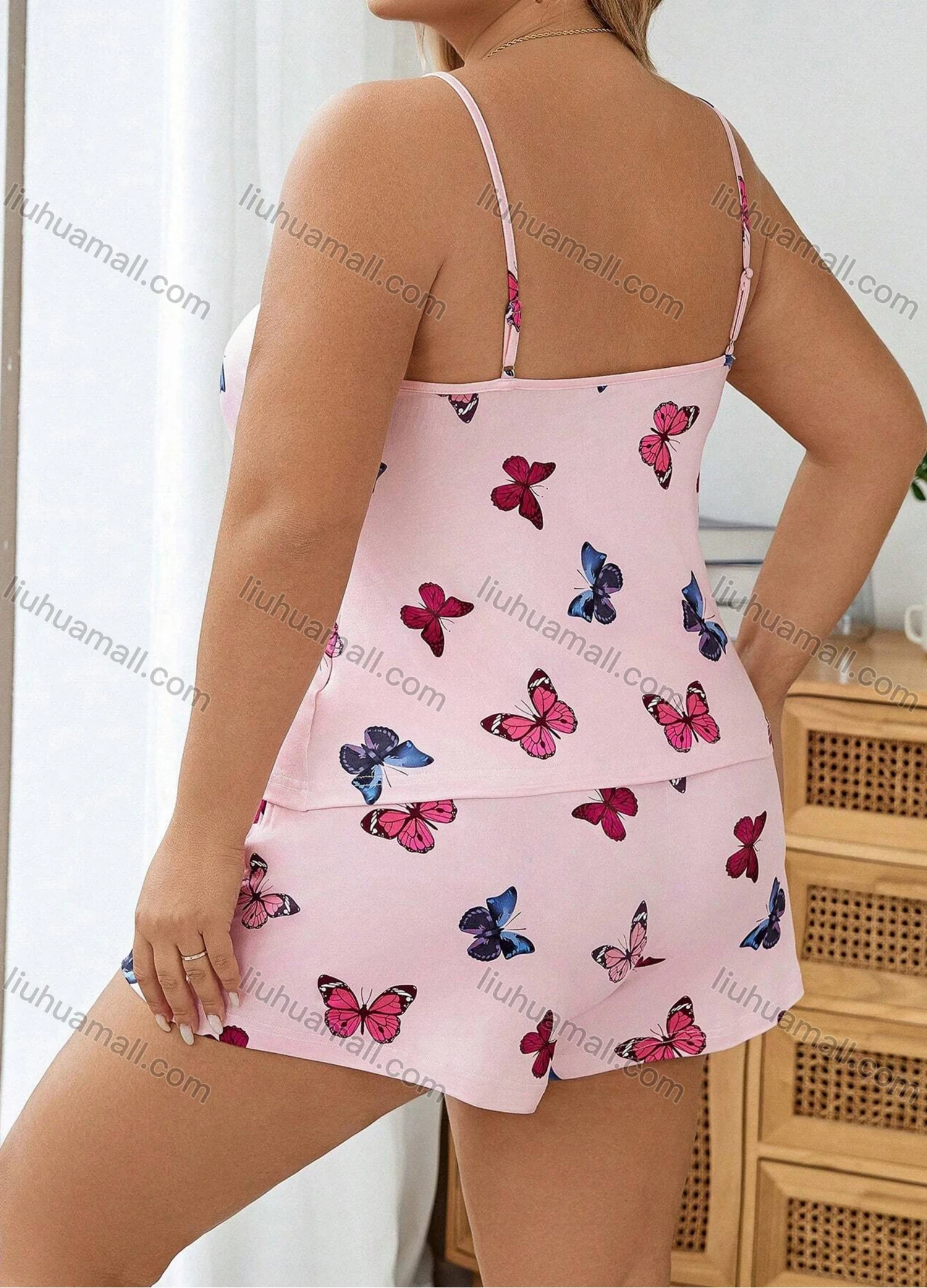 Wholesale Women's Lounge Milk Silk Sleeveless Butterfly Print Cami Tops & Shorts Pajamas Sets DM2112-01# - Liuhuamall