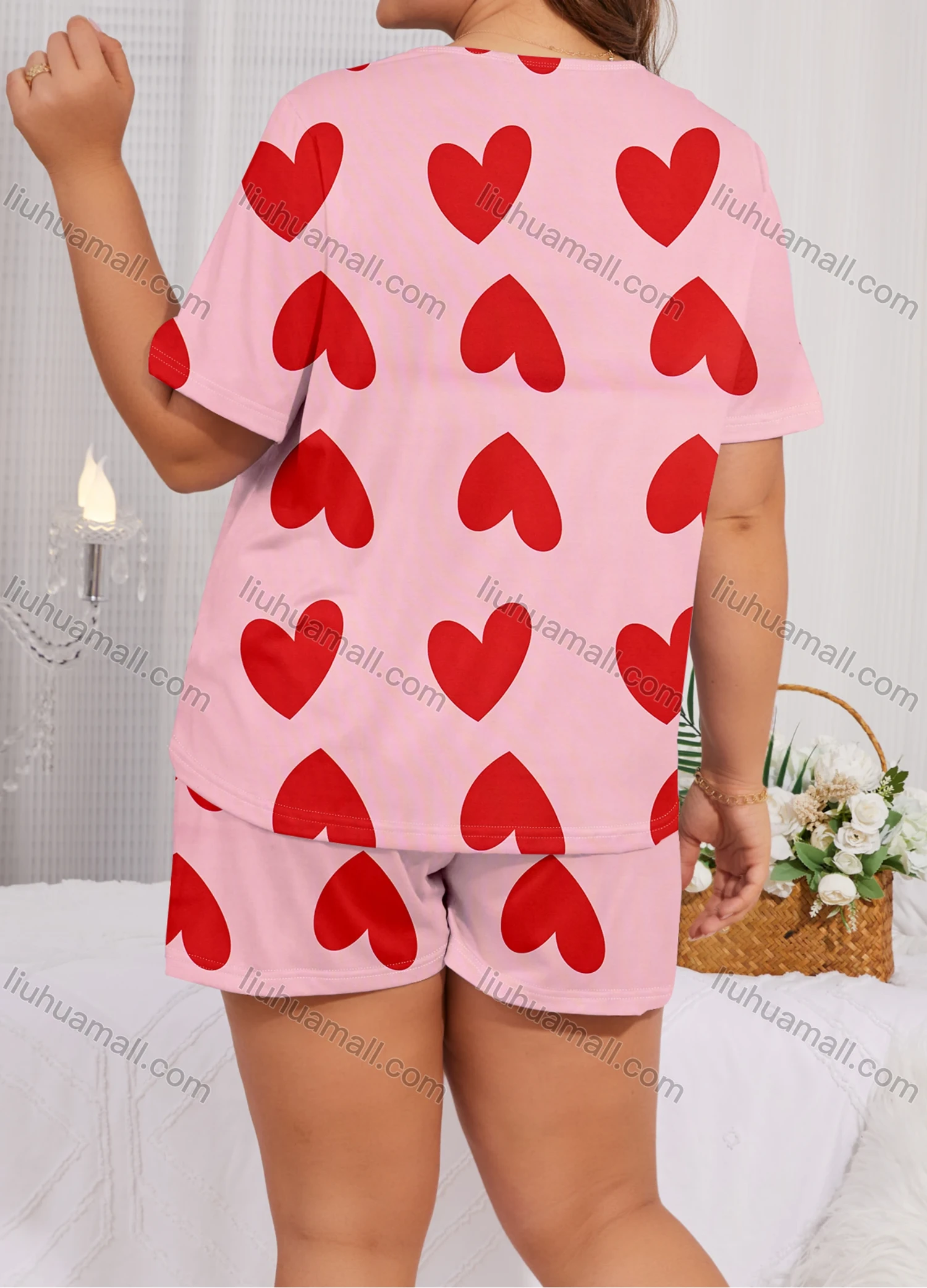 Wholesale Women's Lounge Milk Silk Heart Print Crew Neck Short Sleeve T-shirt & Shorts Soft Pajamas Sets DM02303-14# - Liuhuamall