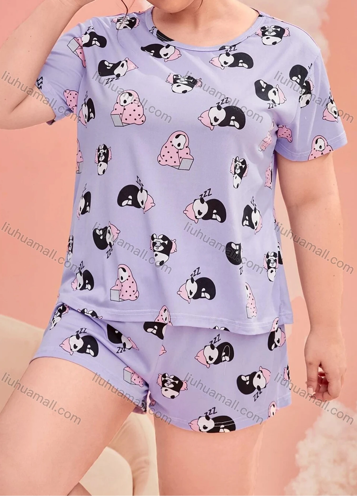 Wholesale Women's Lounge Milk Silk Cute Panda Print Crew Neck Short Sleeve T-shirt & Shorts Soft Pajamas Sets DM02303-15# - Liuhuamall