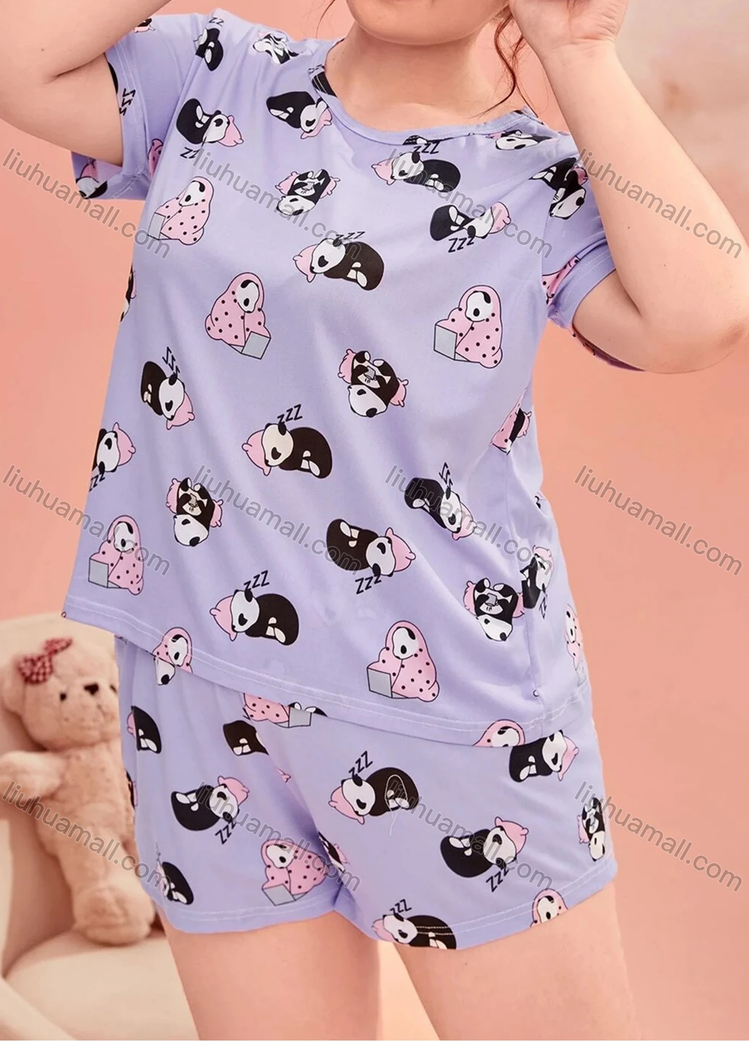 Wholesale Women's Lounge Milk Silk Cute Panda Print Crew Neck Short Sleeve T-shirt & Shorts Soft Pajamas Sets DM02303-15# - Liuhuamall