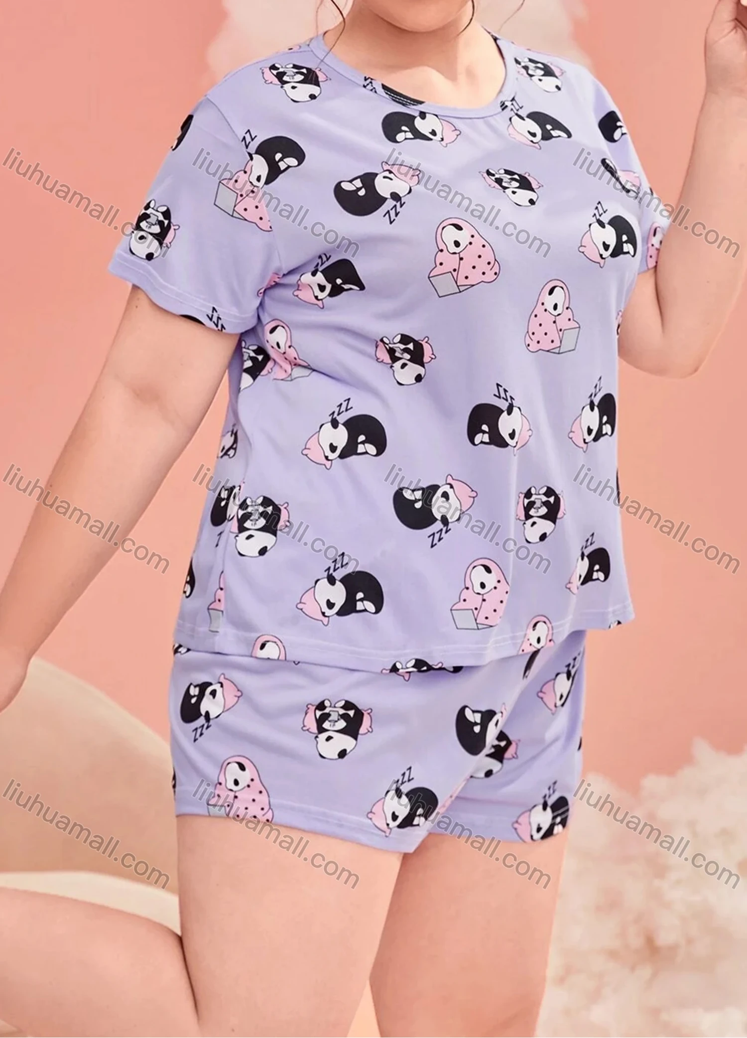 Wholesale Women's Lounge Milk Silk Cute Panda Print Crew Neck Short Sleeve T-shirt & Shorts Soft Pajamas Sets DM02303-15# - Liuhuamall