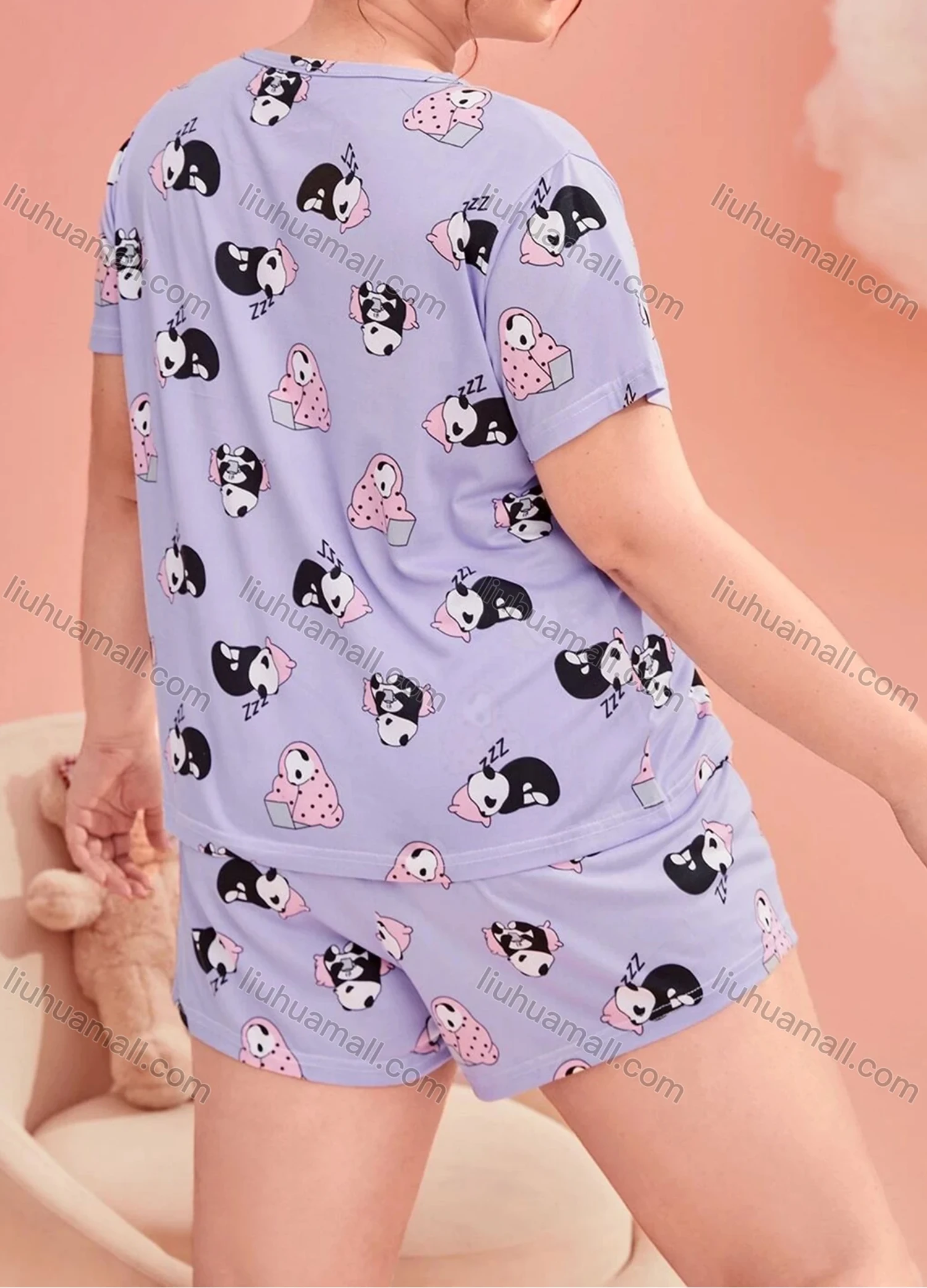 Wholesale Women's Lounge Milk Silk Cute Panda Print Crew Neck Short Sleeve T-shirt & Shorts Soft Pajamas Sets DM02303-15# - Liuhuamall