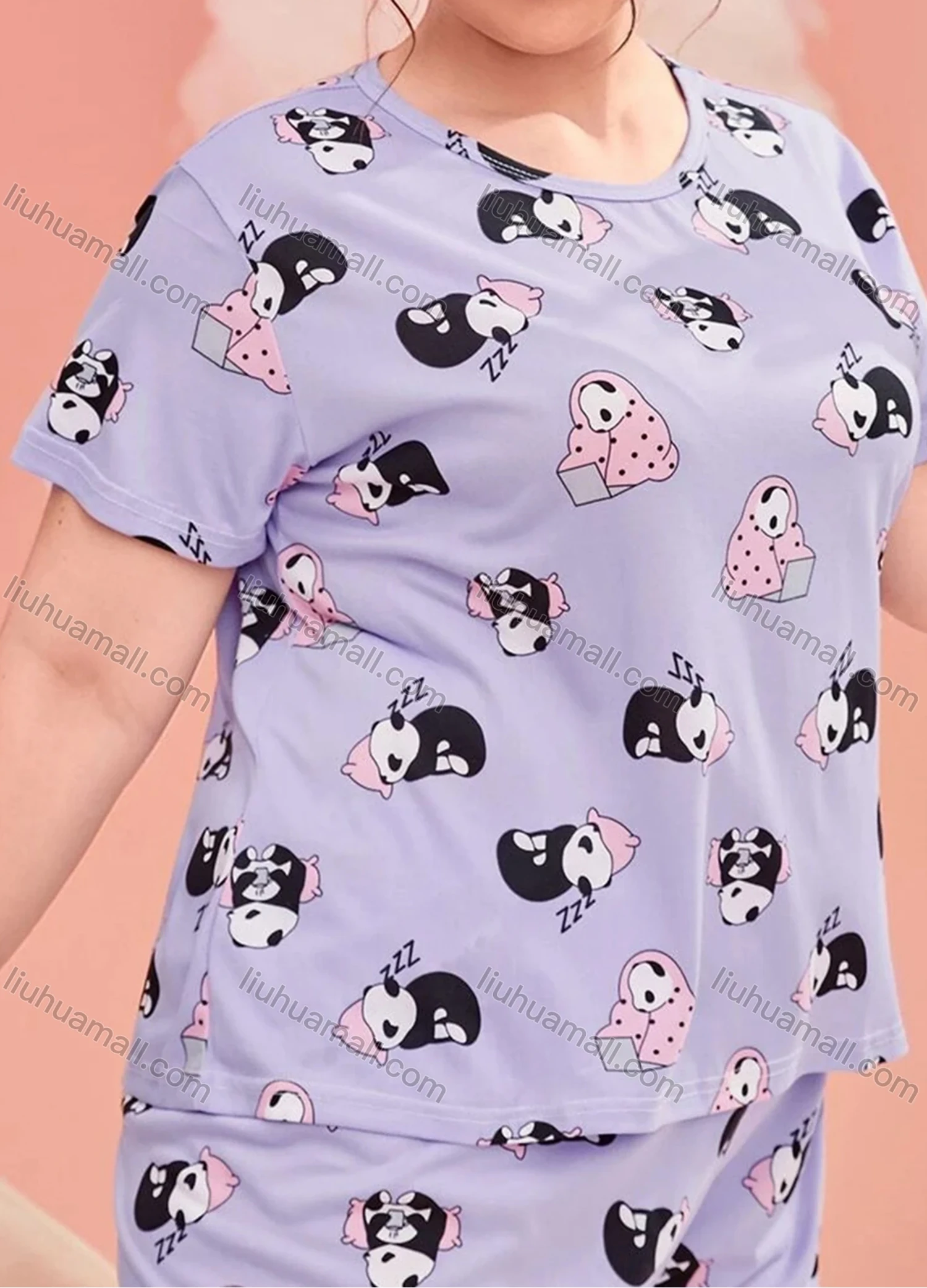 Wholesale Women's Lounge Milk Silk Cute Panda Print Crew Neck Short Sleeve T-shirt & Shorts Soft Pajamas Sets DM02303-15# - Liuhuamall
