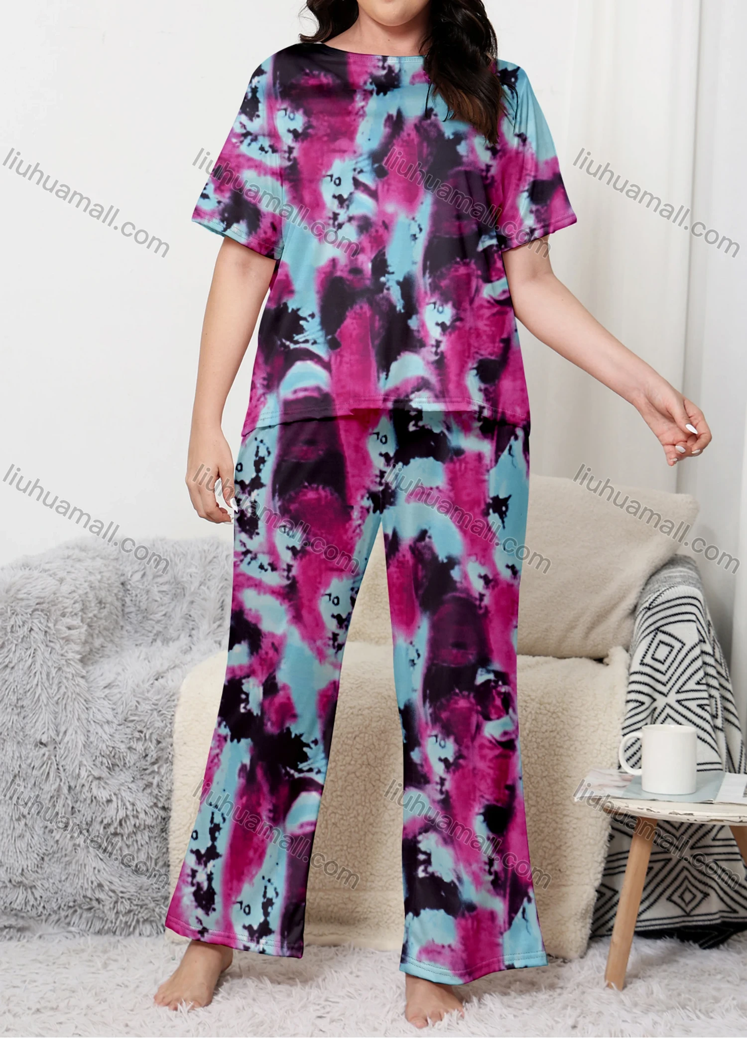 Wholesale Women's Lounge Milk Silk Tie Dye Short Sleeve Crew Neck T-shirt & Pant Soft Pajamas Sets DM02304-16# - Liuhuamall