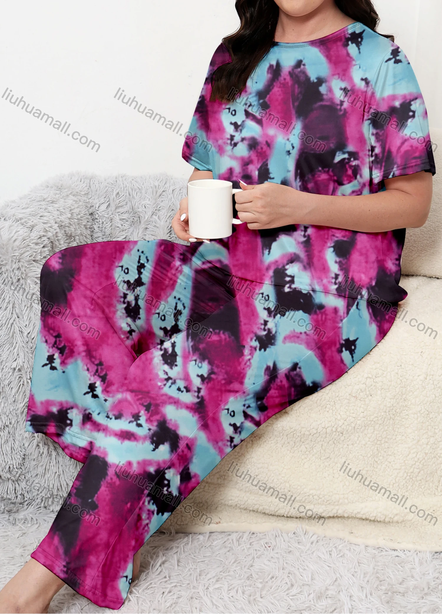 Wholesale Women's Lounge Milk Silk Tie Dye Short Sleeve Crew Neck T-shirt & Pant Soft Pajamas Sets DM02304-16# - Liuhuamall