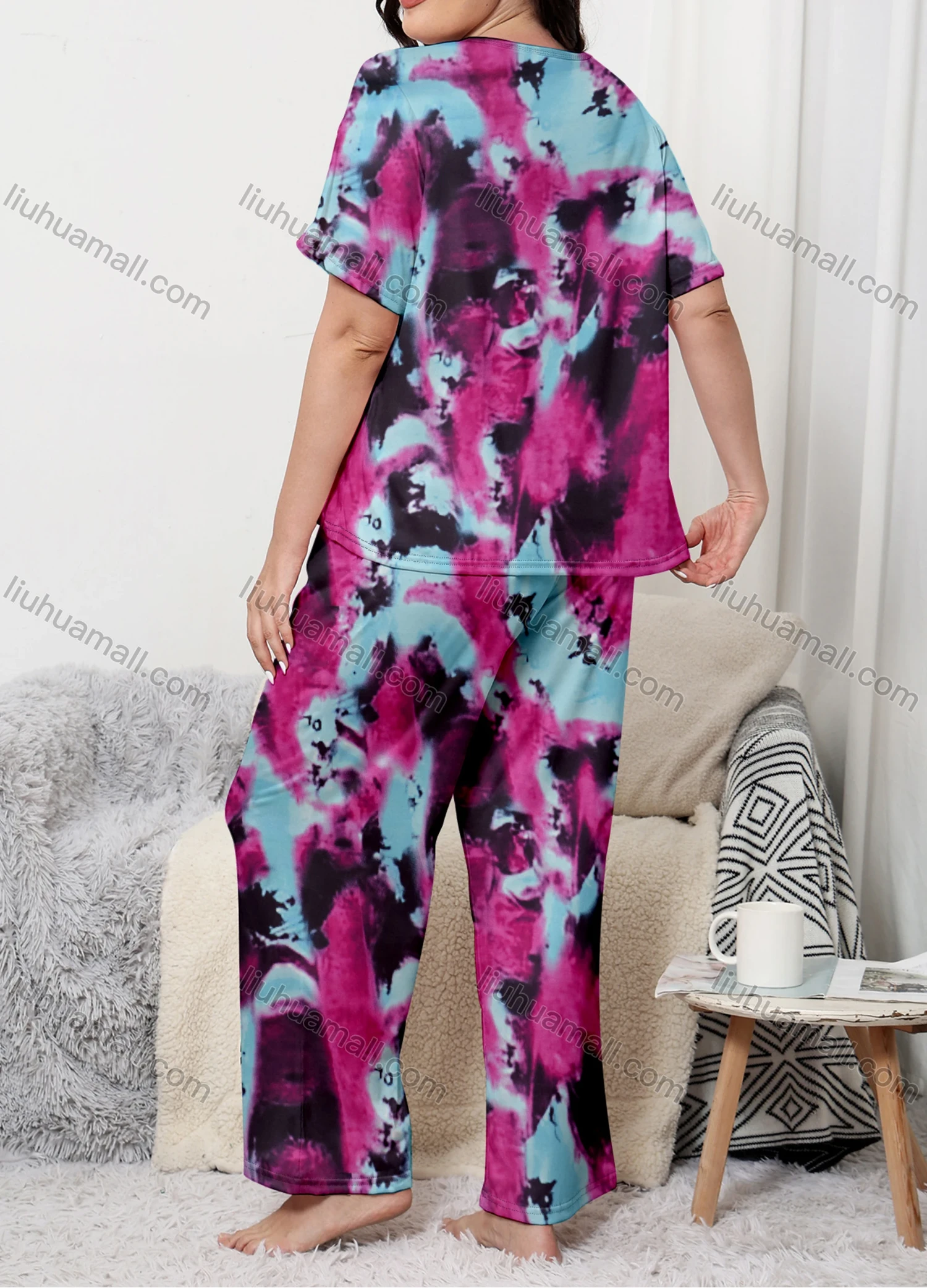 Wholesale Women's Lounge Milk Silk Tie Dye Short Sleeve Crew Neck T-shirt & Pant Soft Pajamas Sets DM02304-16# - Liuhuamall