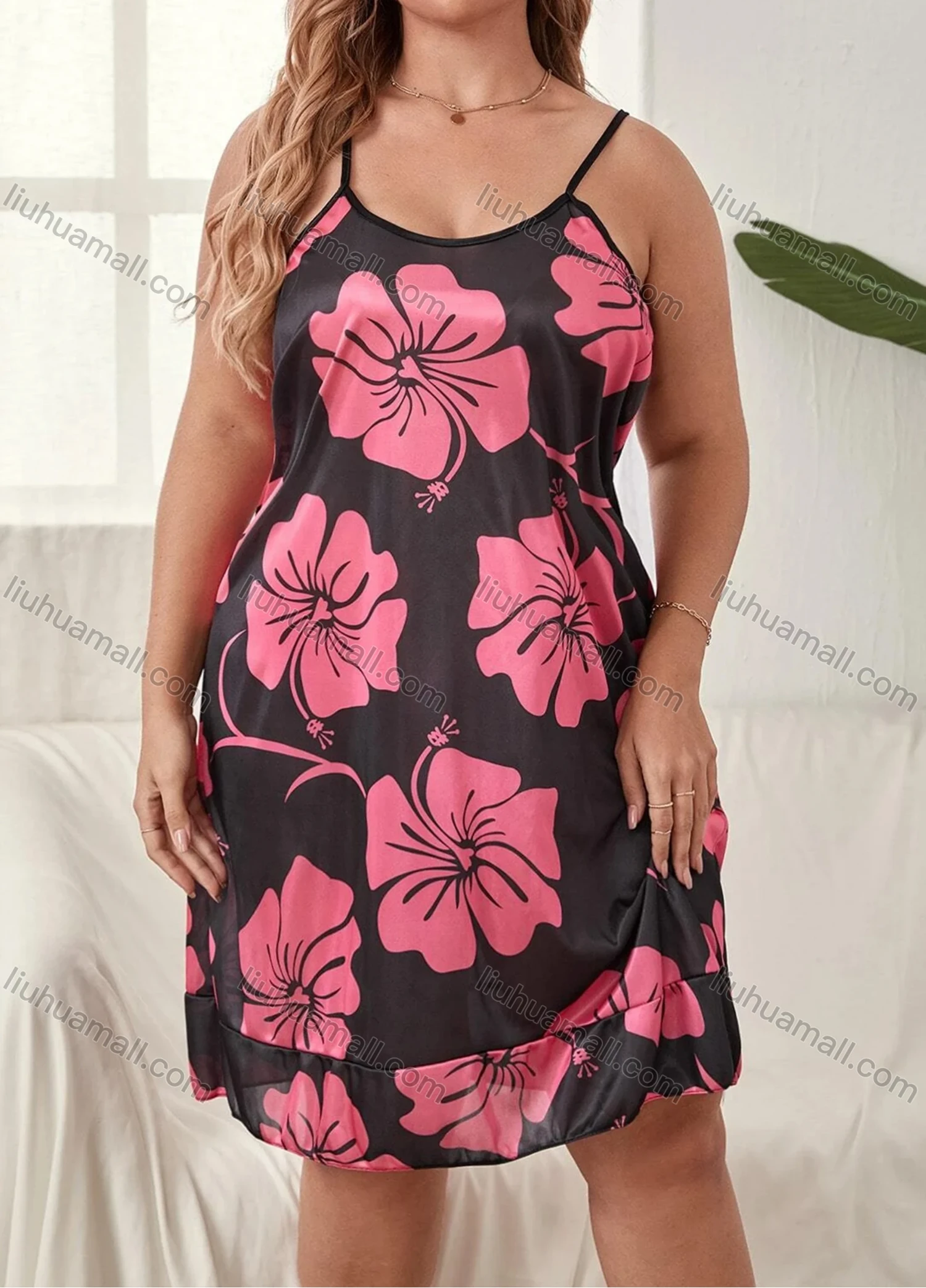 Wholesale Women's Milk Silk Floral Print Spaghetti Strap Cami Lounge Short Nightdress DM1106-02# - Liuhuamall