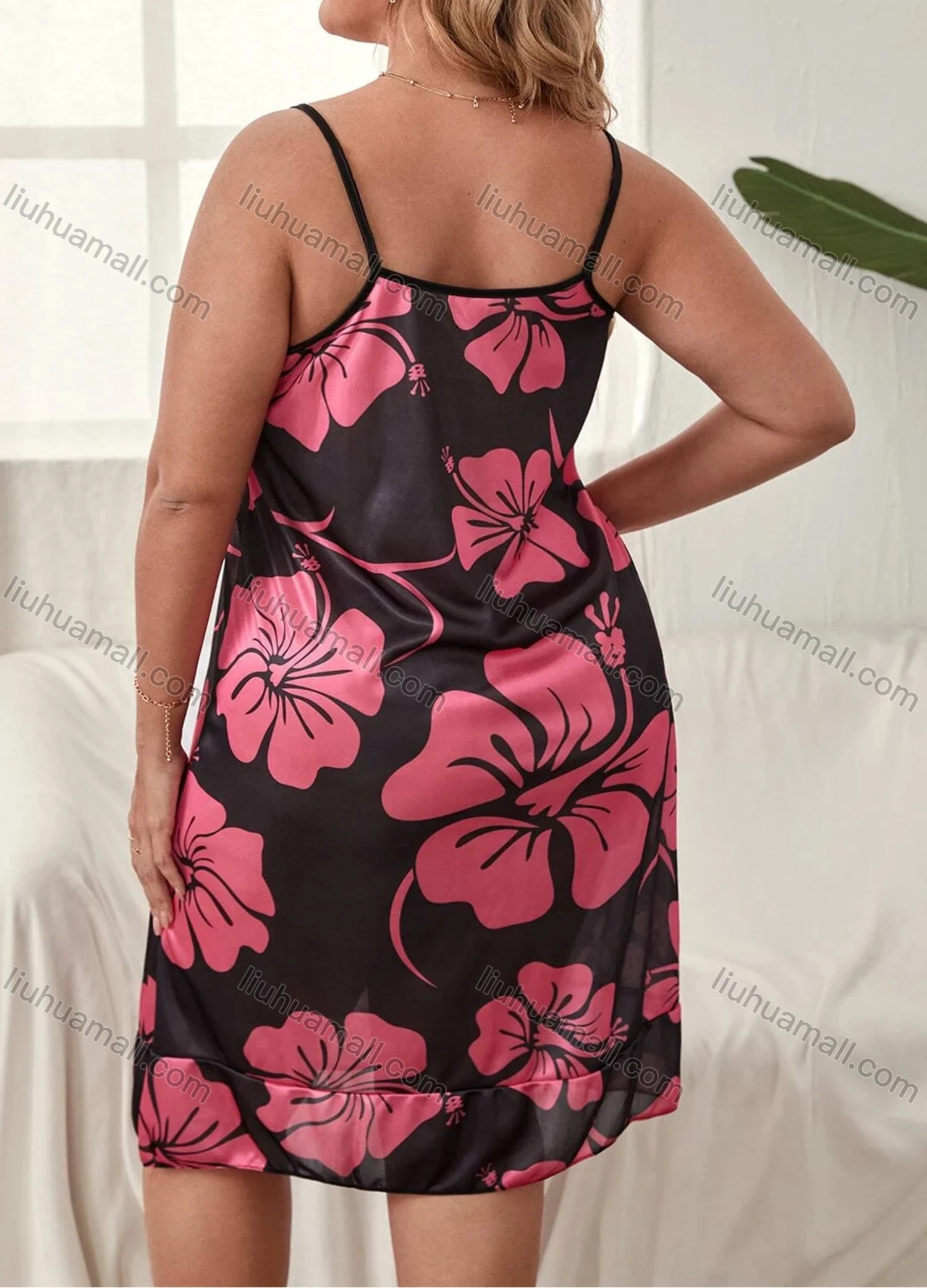 Wholesale Women's Milk Silk Floral Print Spaghetti Strap Cami Lounge Short Nightdress DM1106-02# - Liuhuamall