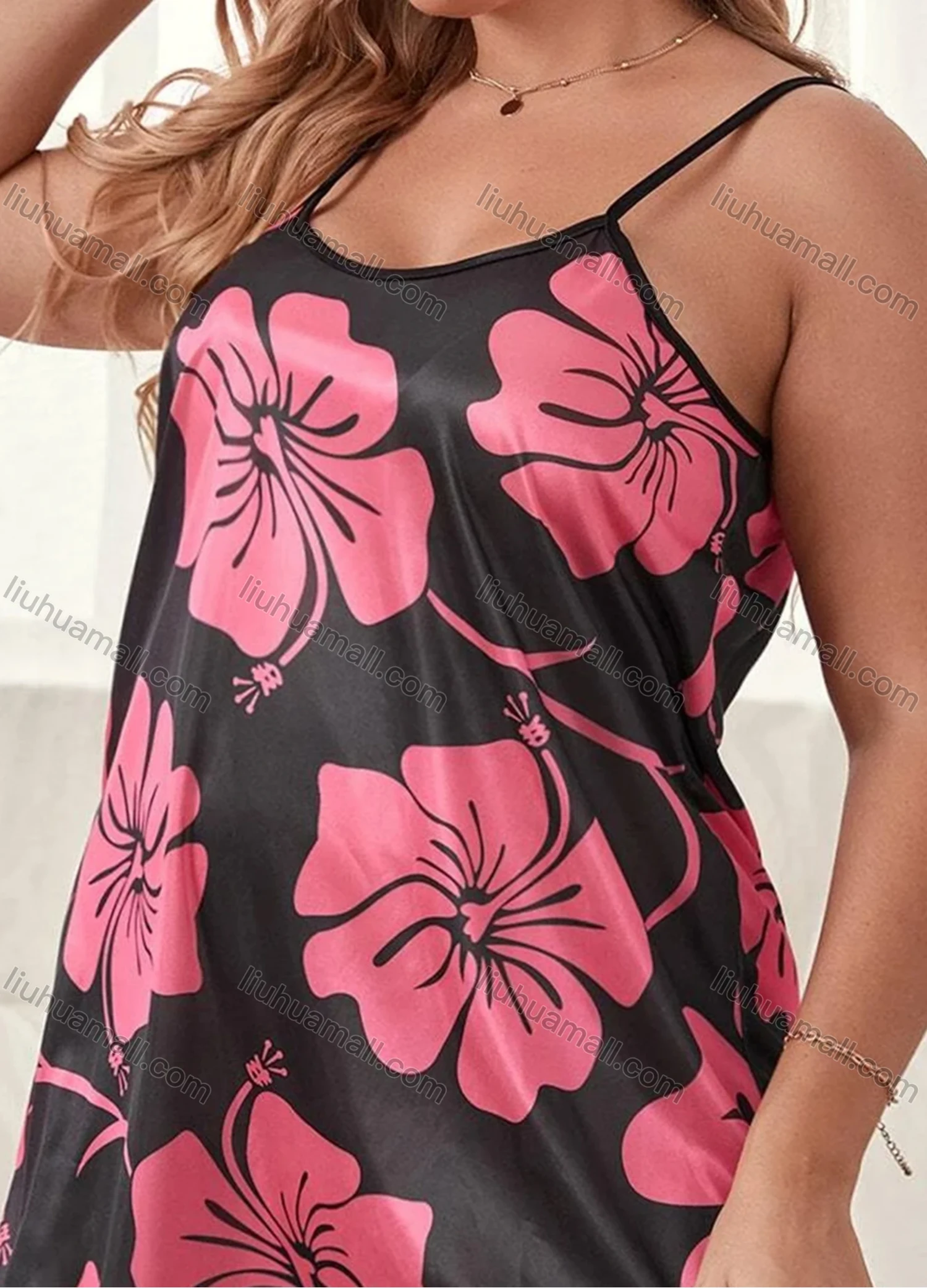 Wholesale Women's Milk Silk Floral Print Spaghetti Strap Cami Lounge Short Nightdress DM1106-02# - Liuhuamall