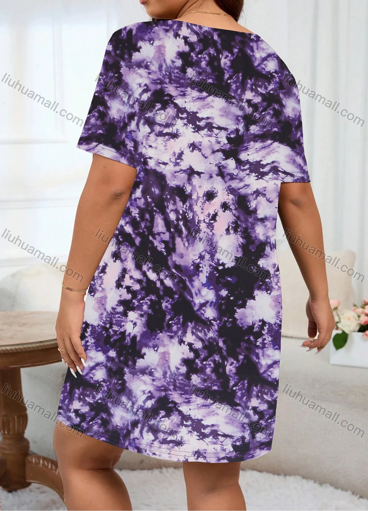 Wholesale Women's Milk Silk Tie Dye Crew Neck Short Sleeve Lounge Short Nightgown DM1308-02# - Liuhuamall