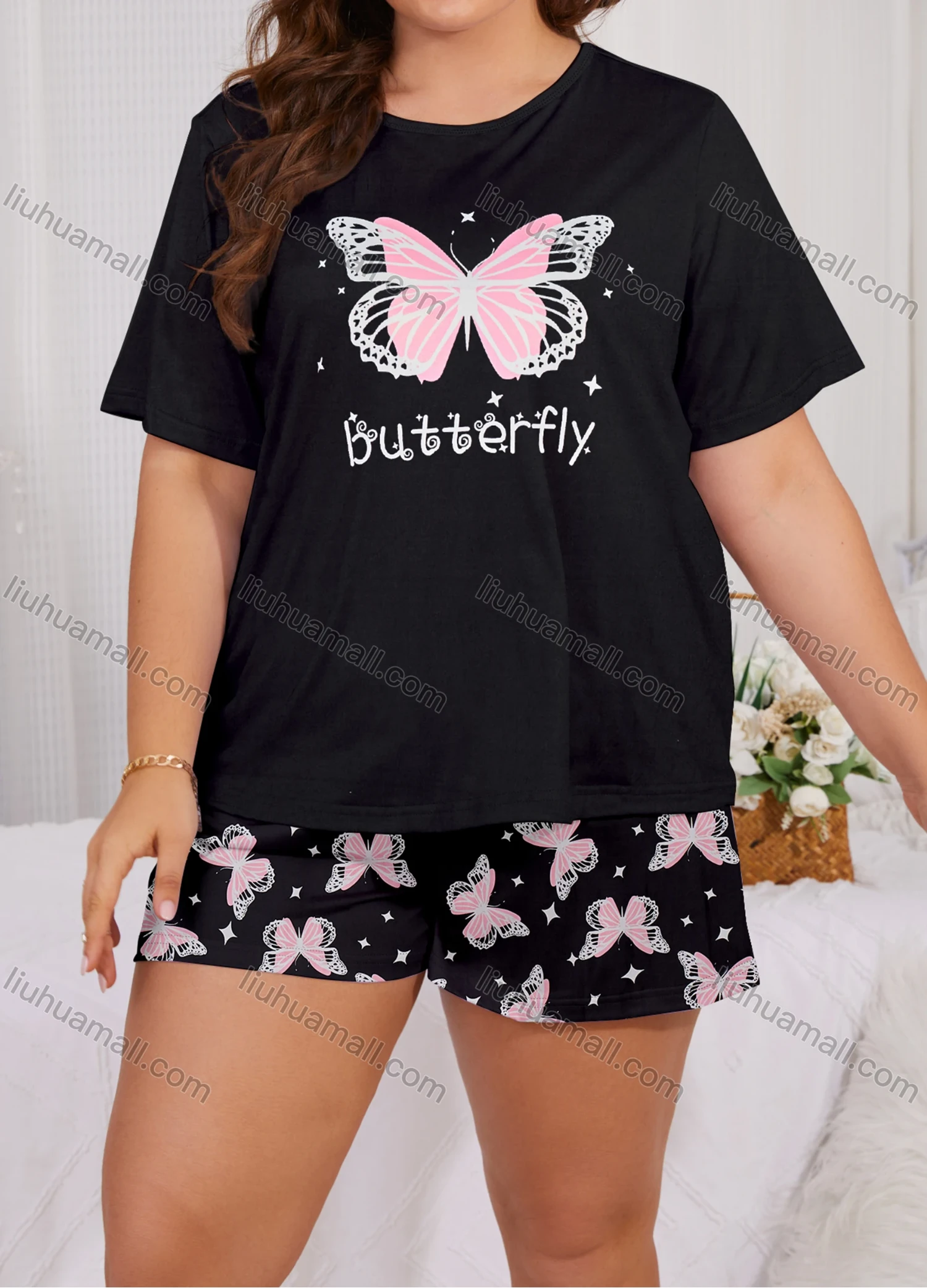 Wholesale Women's Lounge Milk Silk Butterfly Letter Print Crew Neck Short Sleeve T-shirt & Shorts Pajamas Sets DM02306-20# - Liuhuamall