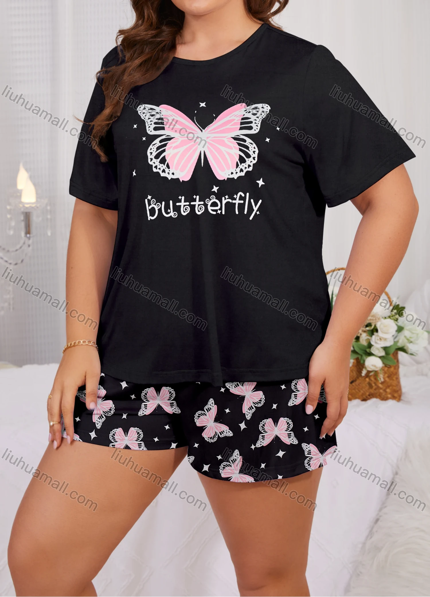 Wholesale Women's Lounge Milk Silk Butterfly Letter Print Crew Neck Short Sleeve T-shirt & Shorts Pajamas Sets DM02306-20# - Liuhuamall