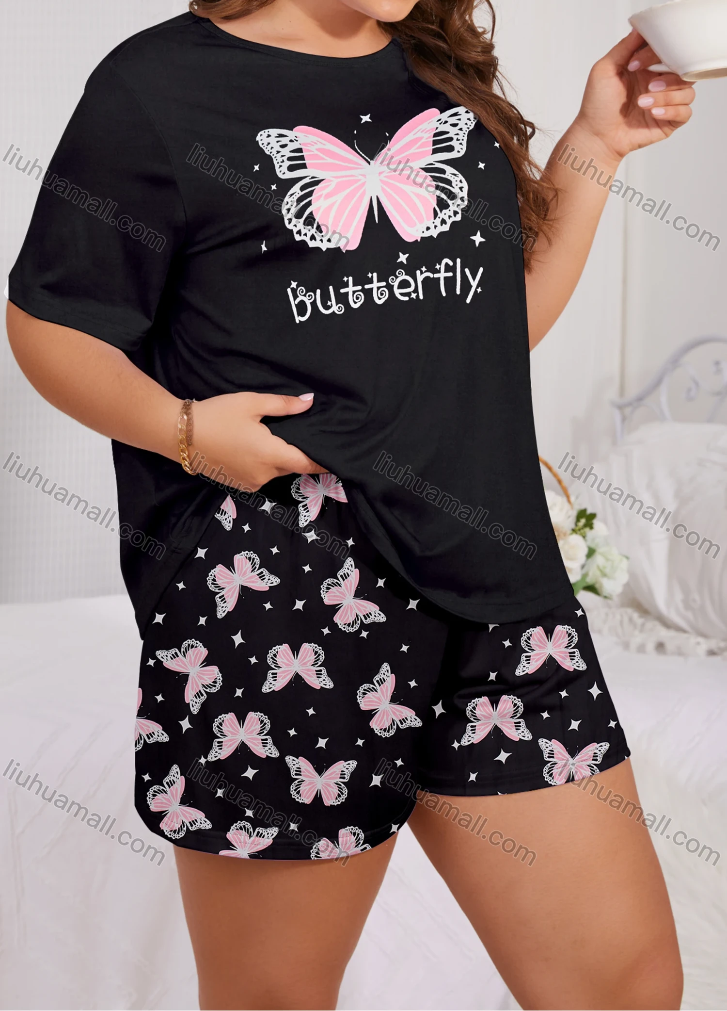 Wholesale Women's Lounge Milk Silk Butterfly Letter Print Crew Neck Short Sleeve T-shirt & Shorts Pajamas Sets DM02306-20# - Liuhuamall
