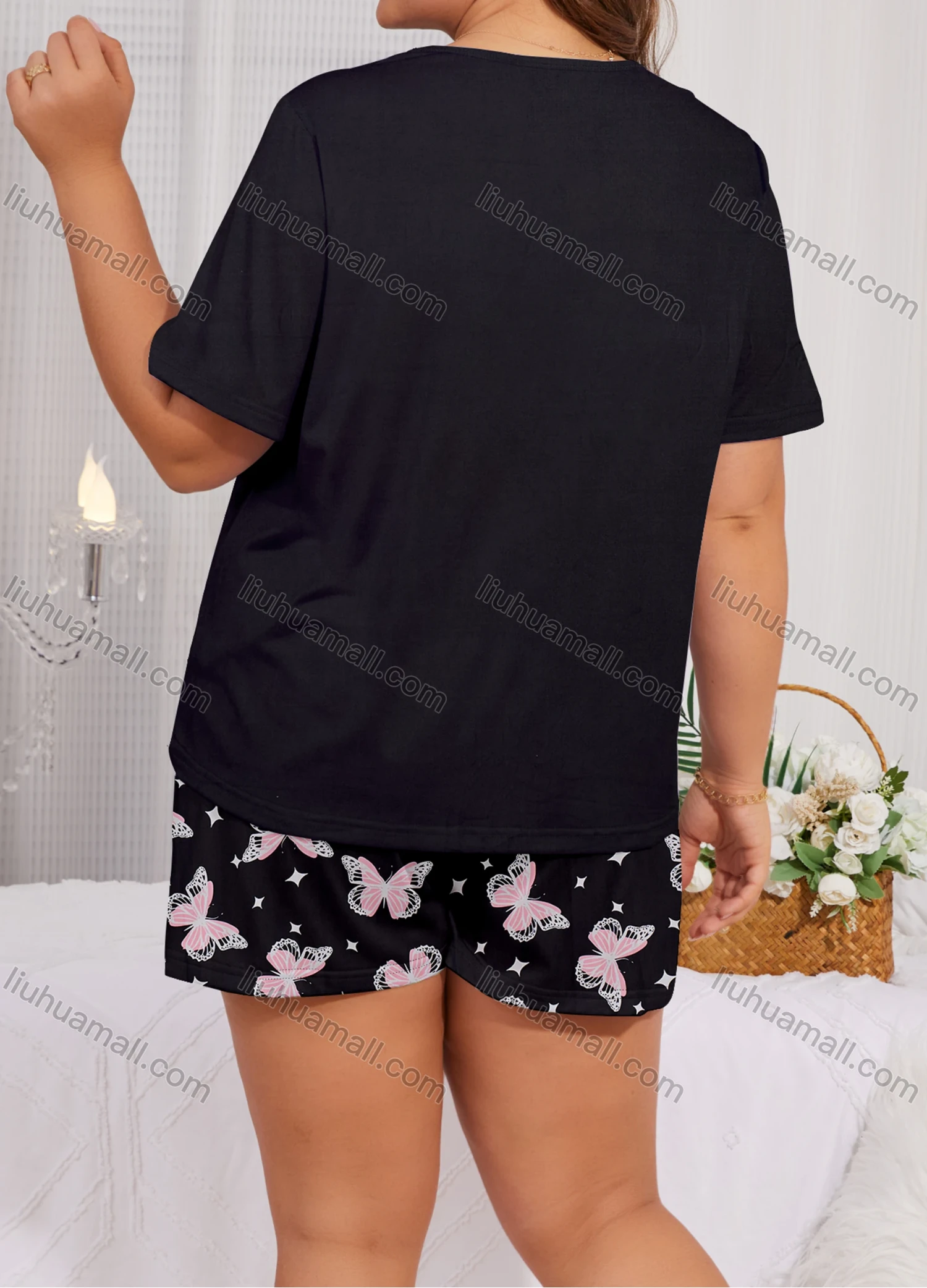 Wholesale Women's Lounge Milk Silk Butterfly Letter Print Crew Neck Short Sleeve T-shirt & Shorts Pajamas Sets DM02306-20# - Liuhuamall