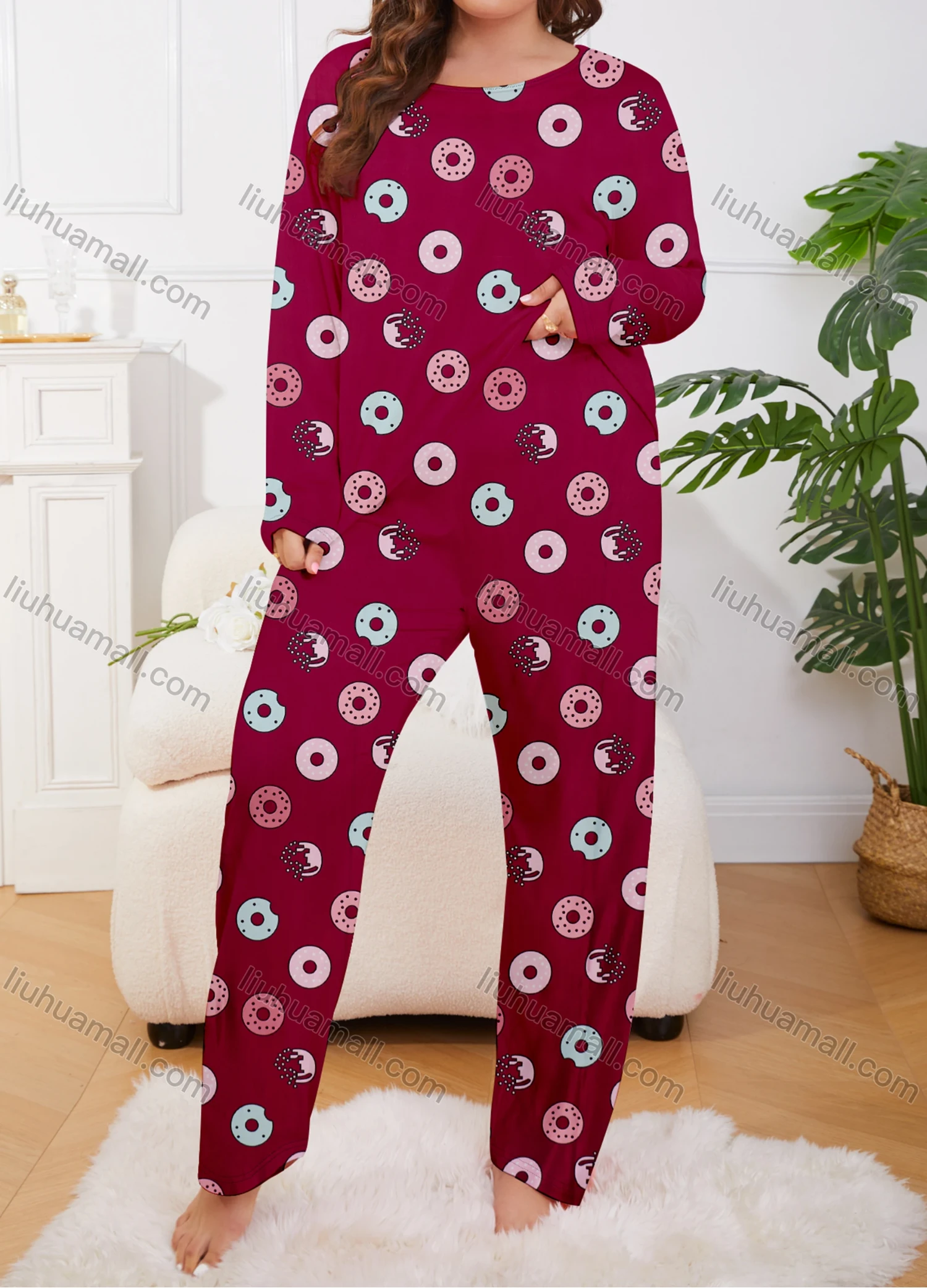 Wholesale Women's Lounge Milk Silk Allover Print Long Sleeve Crew Neck T-shirt & Pant Soft Pajamas Sets DM02401-02# - Liuhuamall